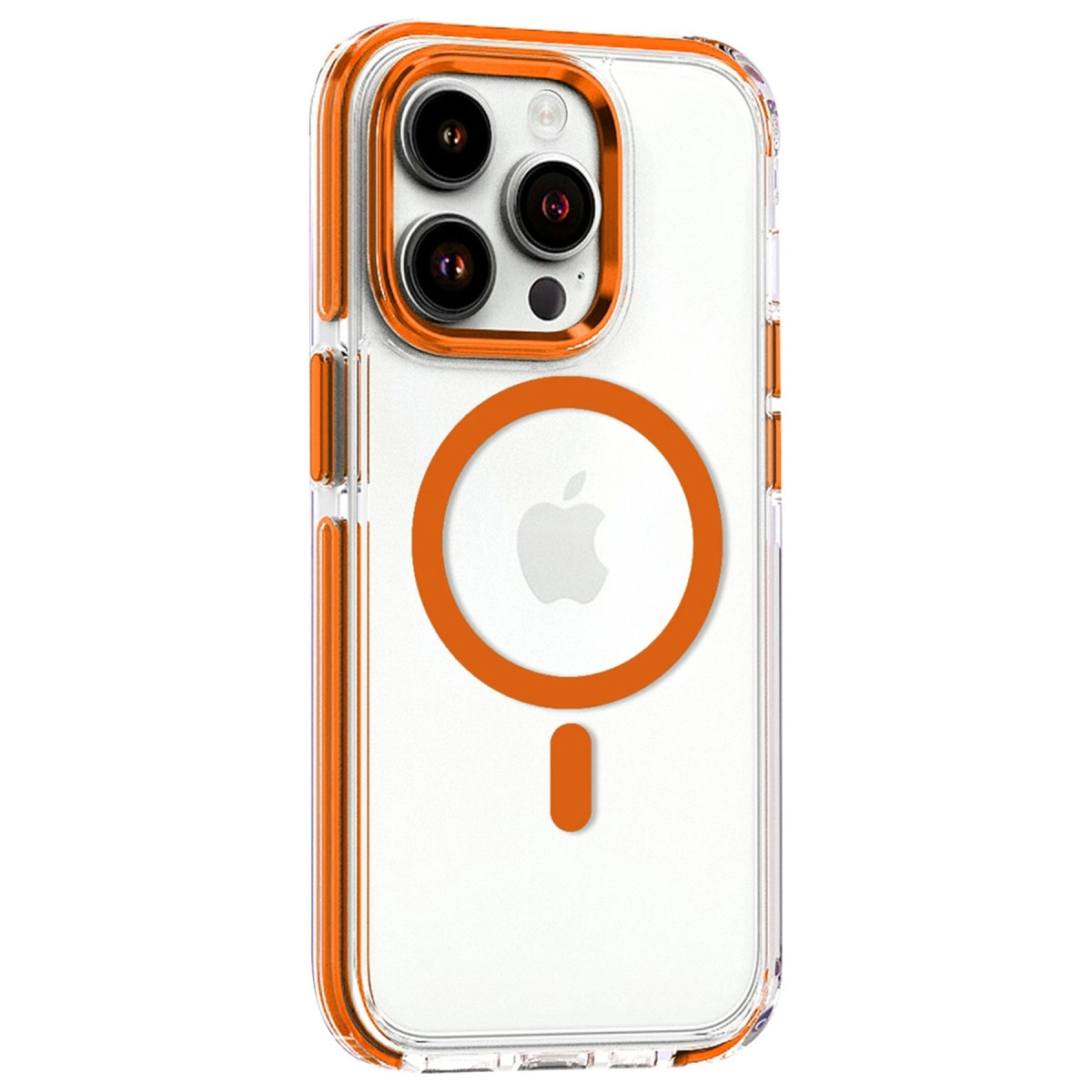 Turuncu vurgulu şeffaf telefon kılıfı, kamera ve Apple logosunu gösteriyor.