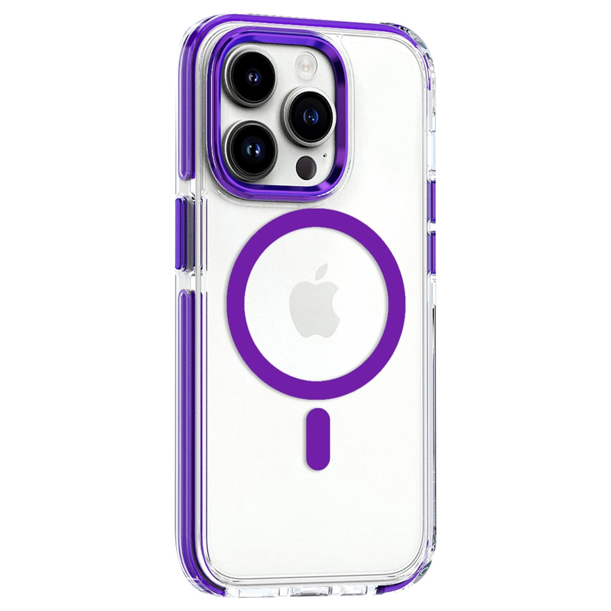 Mor çerçeveli şeffaf iPhone kılıfı, üç kamera ve Apple logosu görünüyor.
