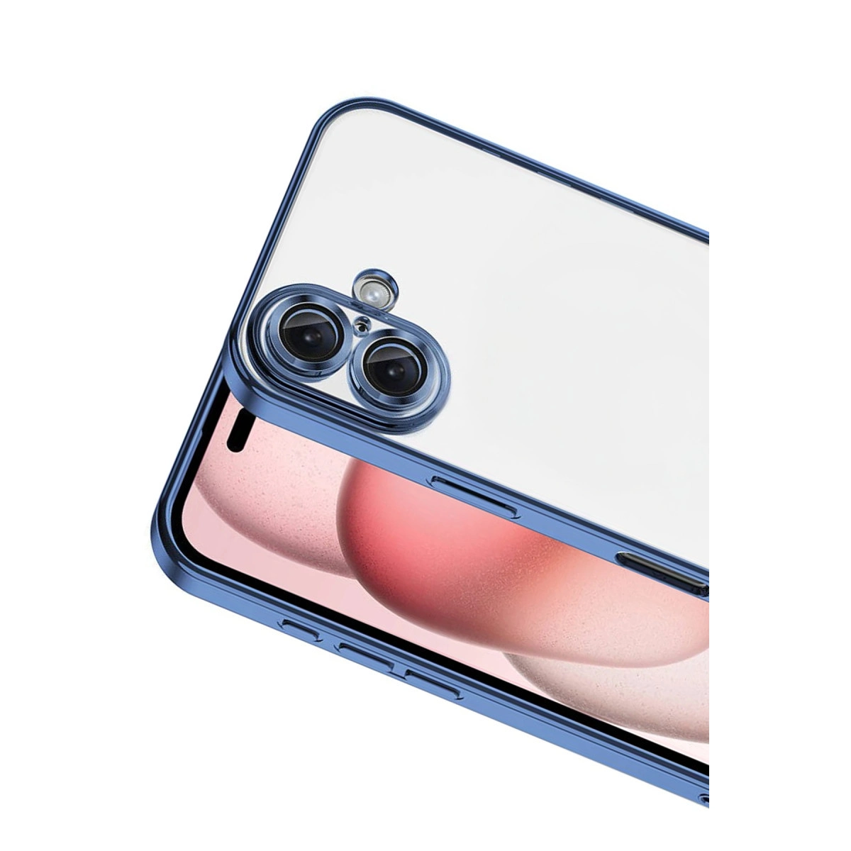 Şeffaf arka ve çift lensli mavi telefon kılıfı.