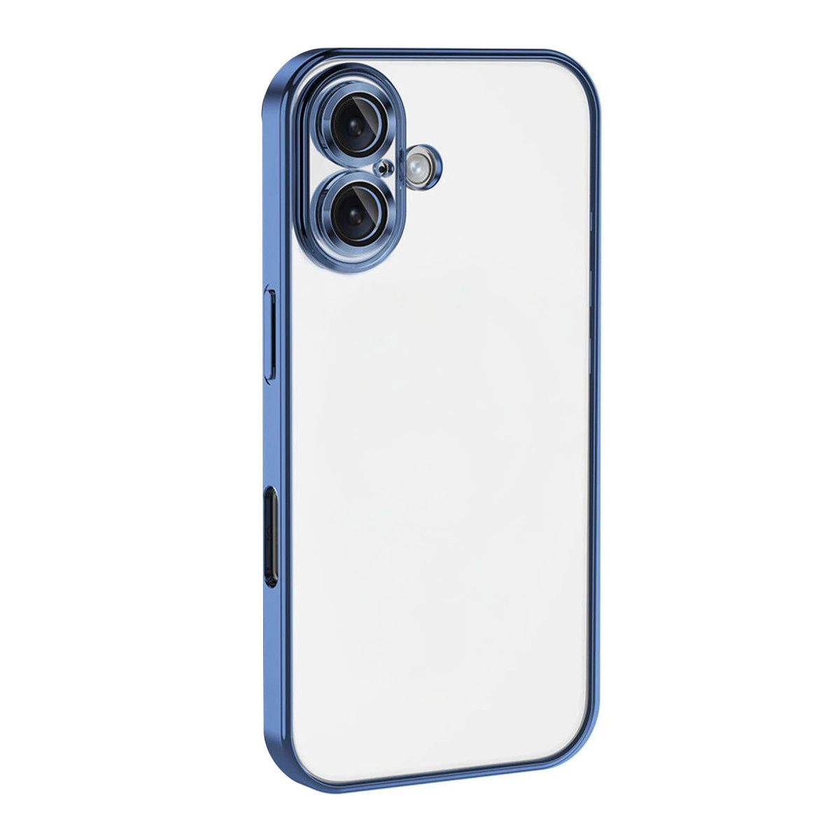 Mavi metal çerçeveli ve iki kamera lensli şeffaf telefon kılıfı.