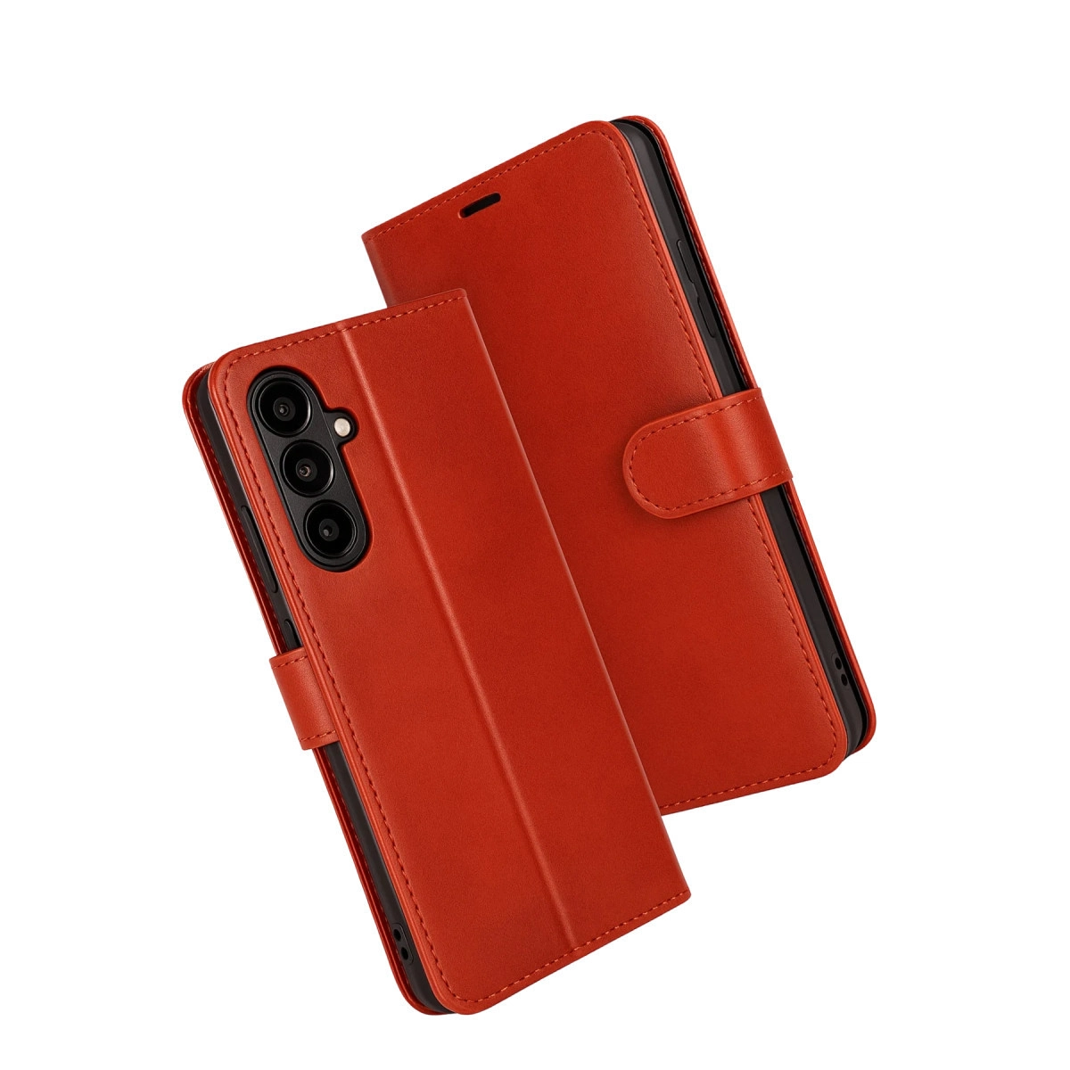 Beyaz arka planda iki turuncu deri telefon kılıfı.