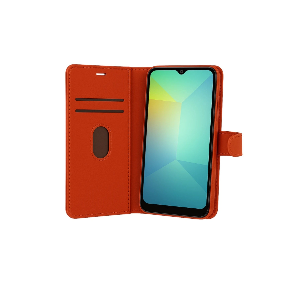 Telefon, kart yuvaları ve penceresi olan açık turuncu telefon kılıfı.