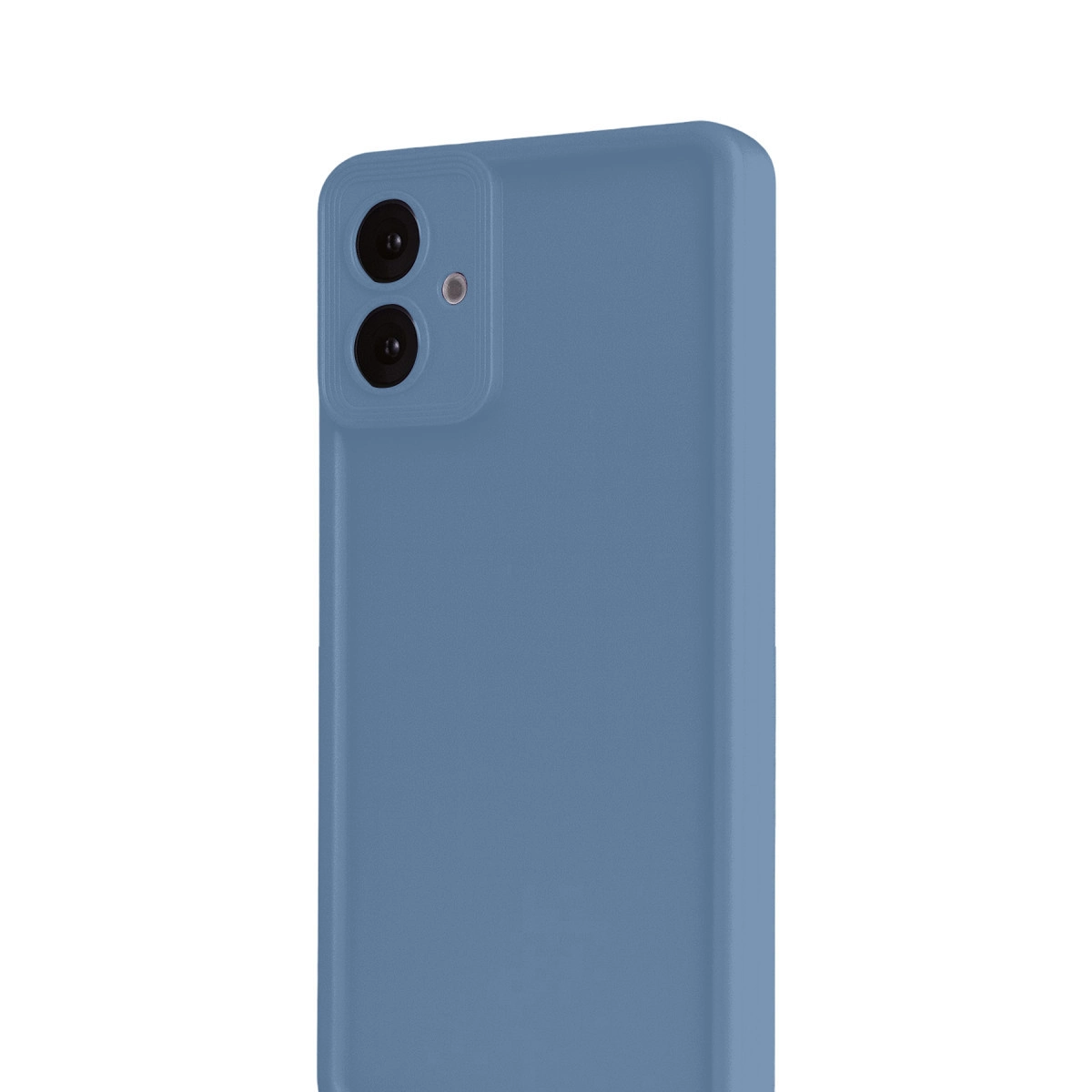 İki kamera lensi ve flaşlı mavi bir akıllı telefonun arkası.