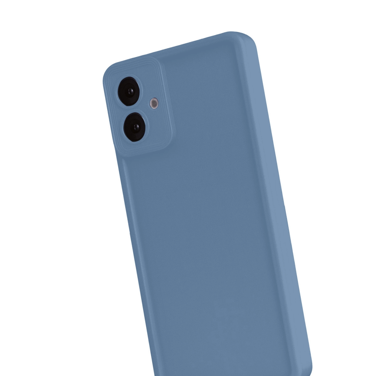 Arkada iki kamerası ve flaşı olan mavi akıllı telefon.