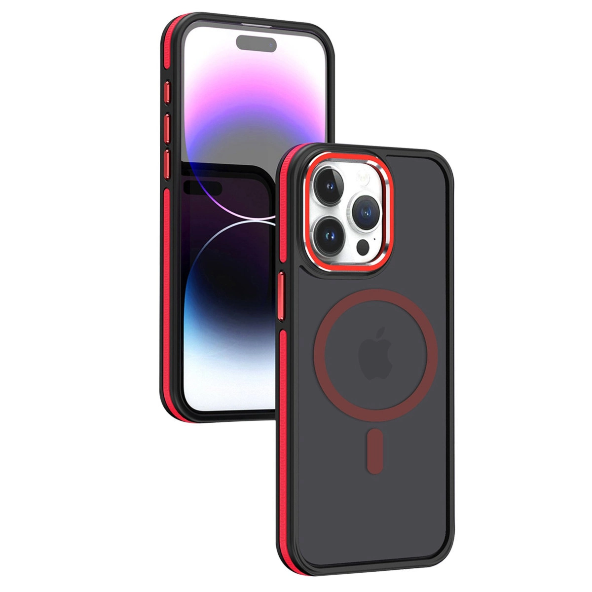 Kırmızı kenarlı siyah iPhone kılıfı, kamera ve Apple logosunu gösteriyor.