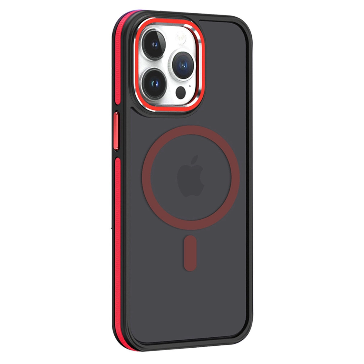 Kırmızı kenarlı ve Apple logosu olan siyah telefon kılıfı.
