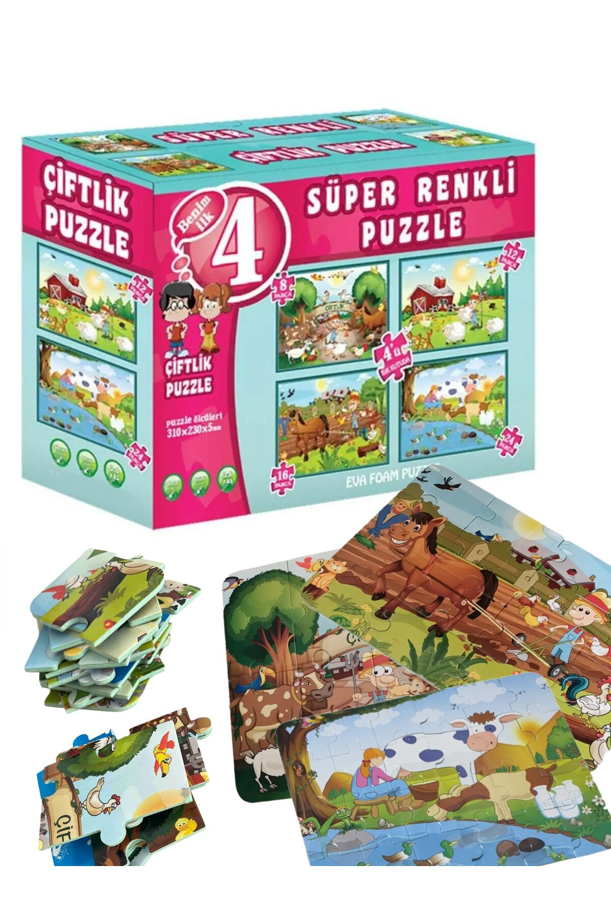 PLAYZEN Eğitici Puzzle Seti Çiftlik Temalı 4’lü Puzzle 3 Yaş ve Üzeri