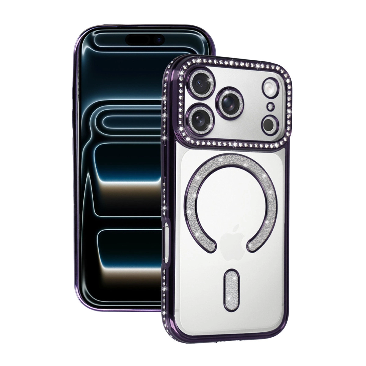 Telefon üzerinde mor taşlı telefon kılıfı.