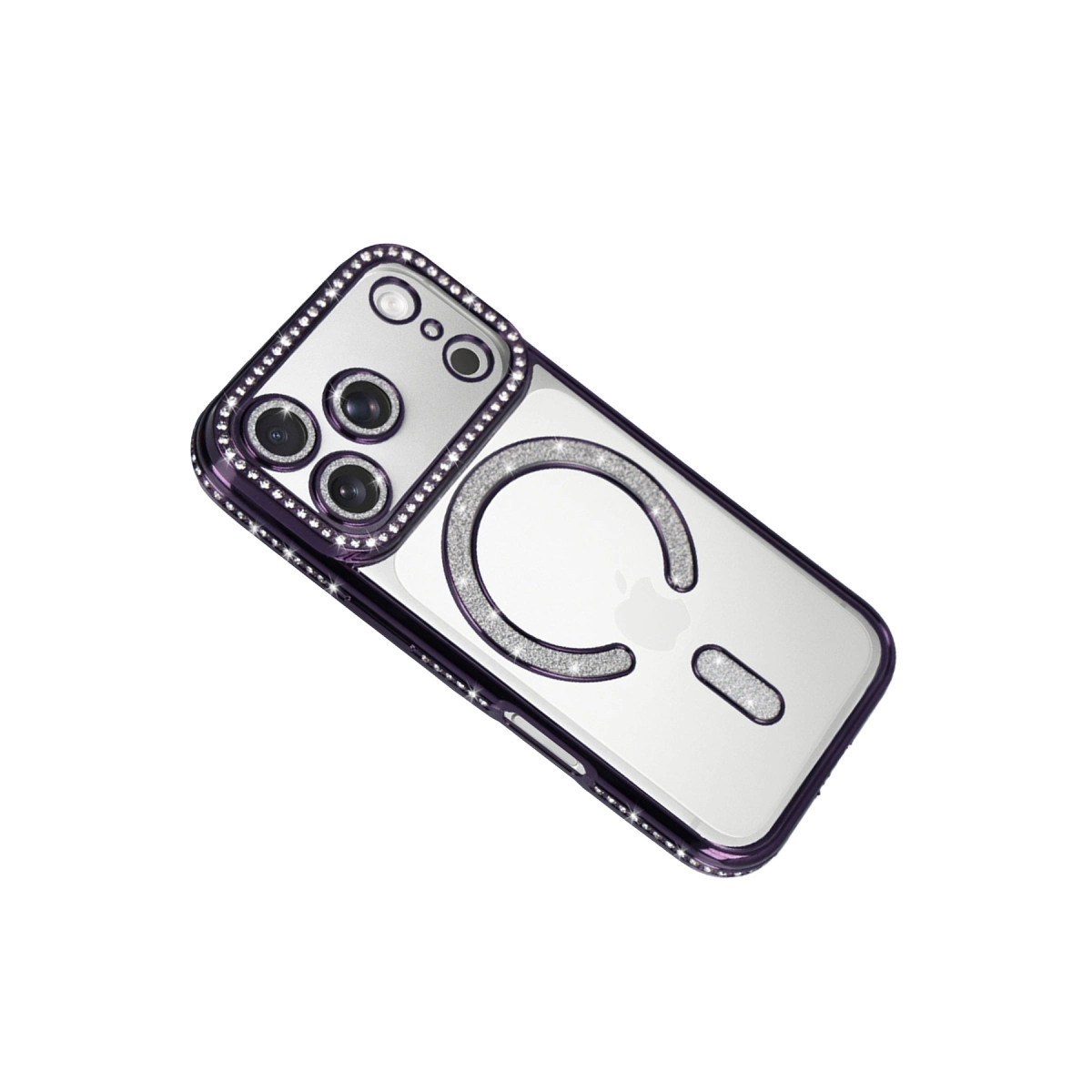 Kamera ve MagSafe logosu etrafında parlak çerçeveli mor iPhone kılıfı.
