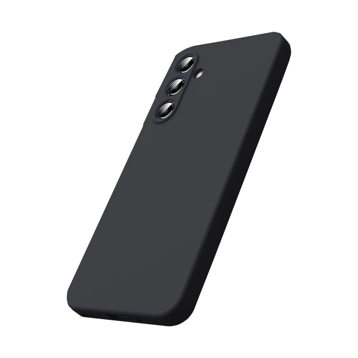 Beyaz arka plan üzerinde üç kamera lensli koyu gri telefon kılıfı.