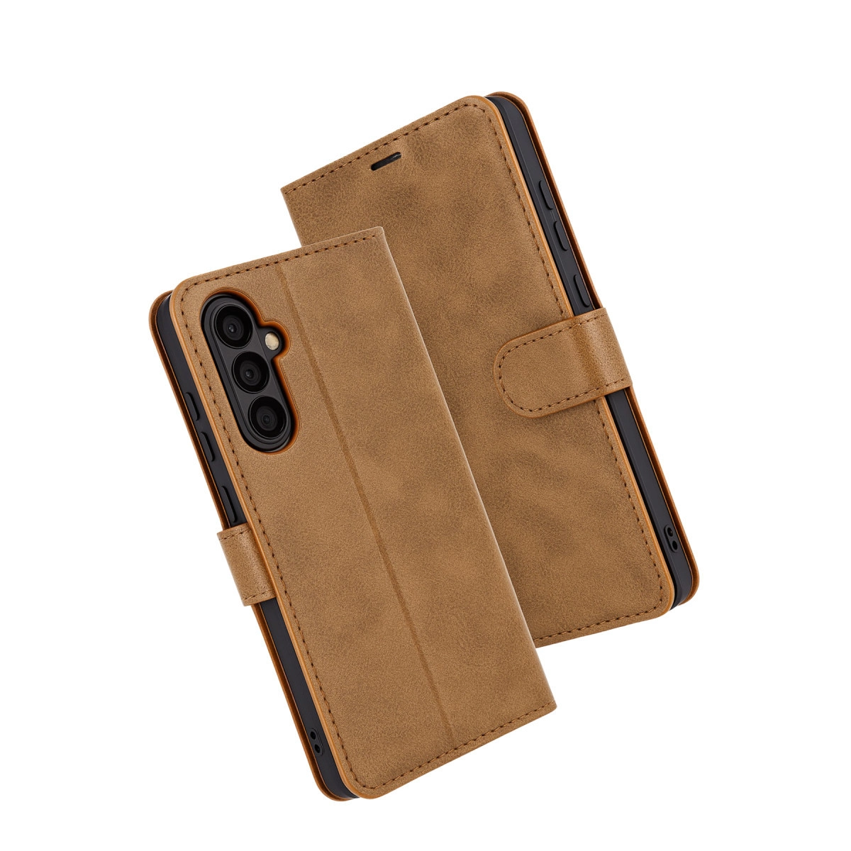 Üç kameralı kahverengi telefon kılıfı beyaz zeminde.