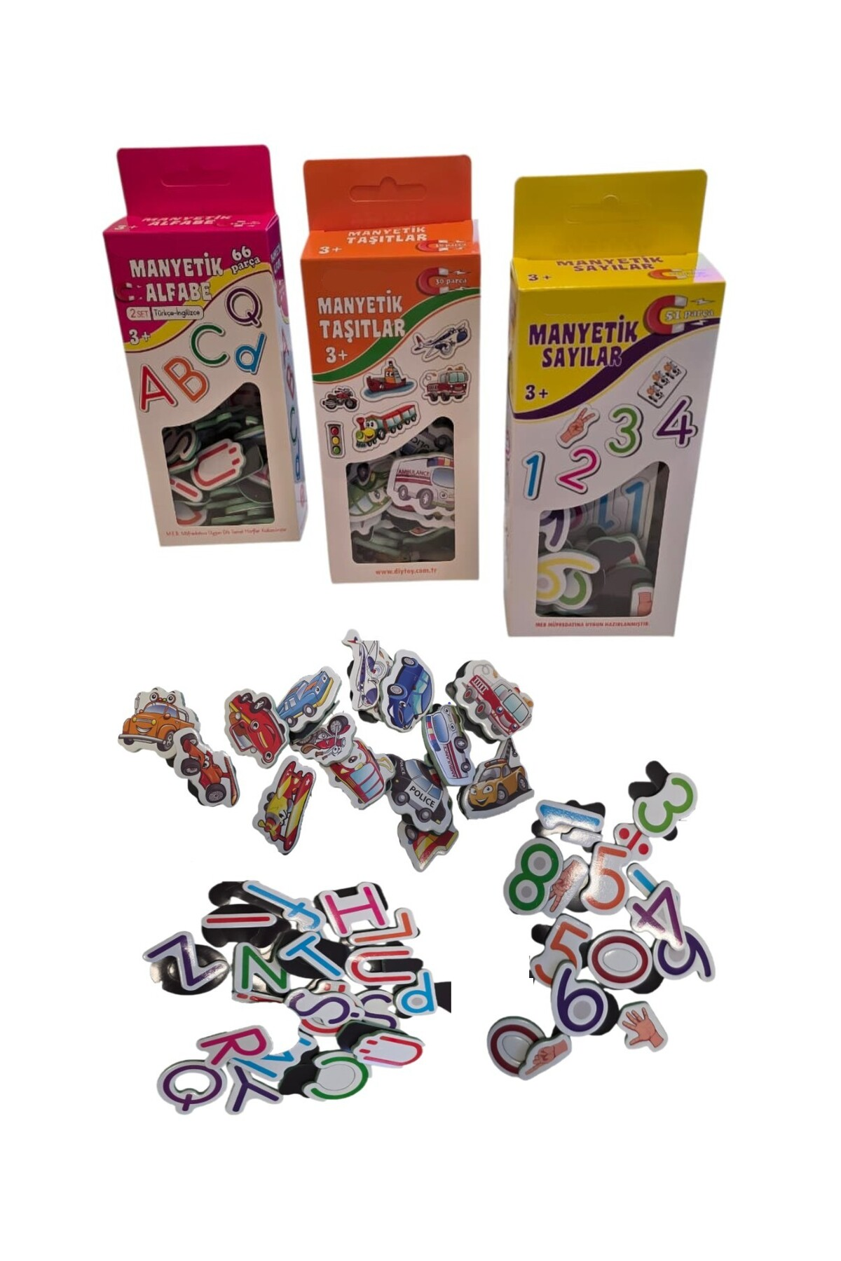 PLAYZEN Manyetik Eğitici Oyuncak Seti Alfabe, Sayılar ve Taşıtlar 147 Parça 3+