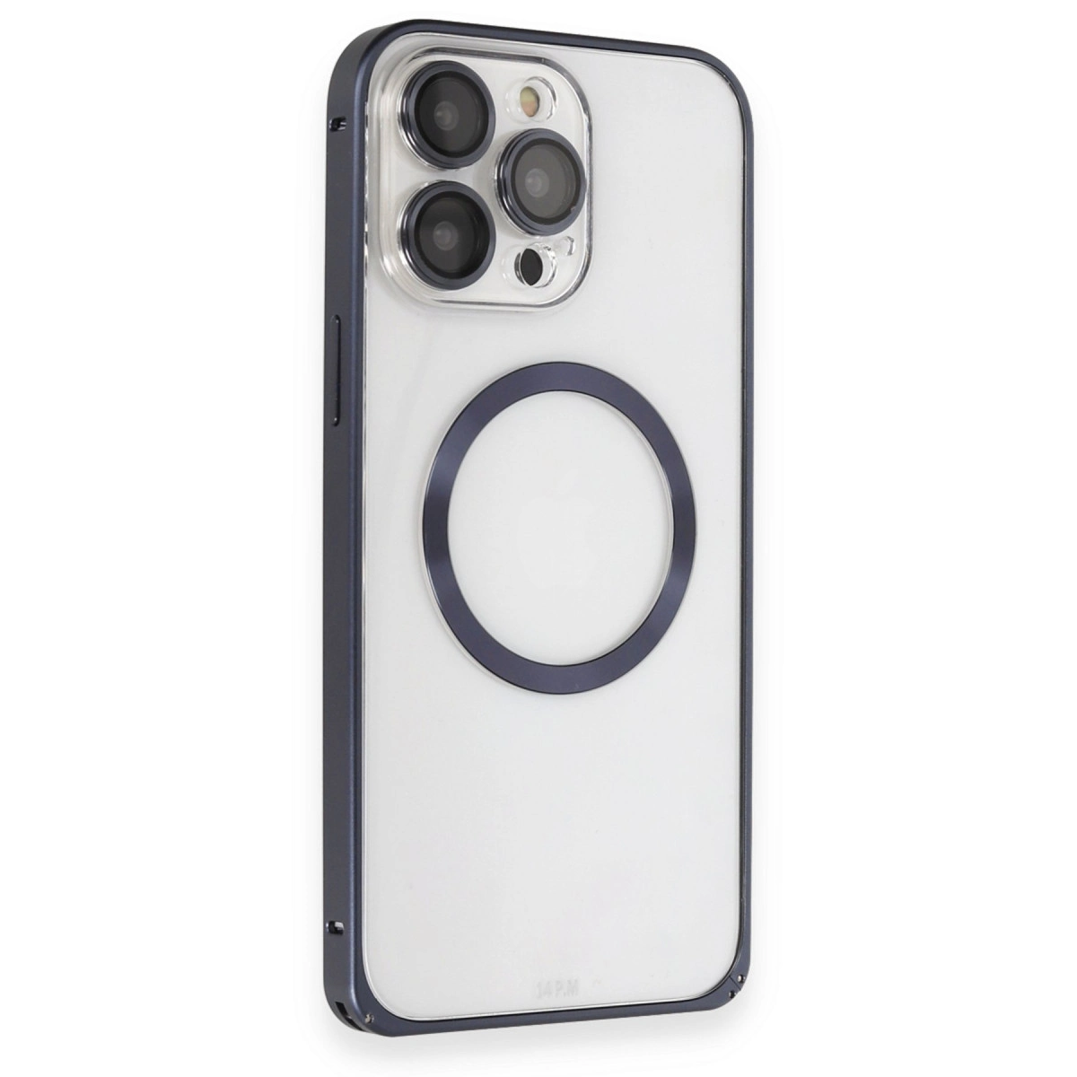NEWFACE iPhone 15 Pro Max Uyumlu Metal Bumper Magneticsafe Telefon Kılıfı Lacivert