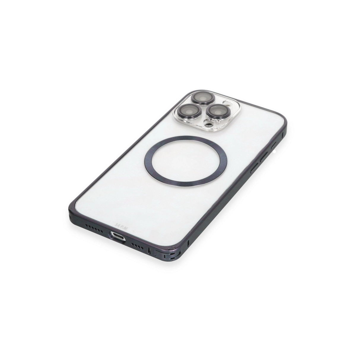 Siyah kenarlı ve kamera modüllü şeffaf telefon kılıfı.