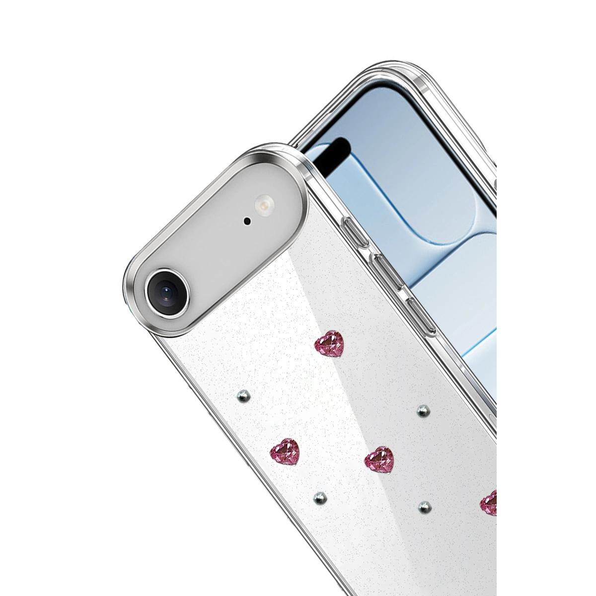 Pembe kalp şeklinde taşlar ve simlerle süslenmiş şeffaf telefon kılıfı.