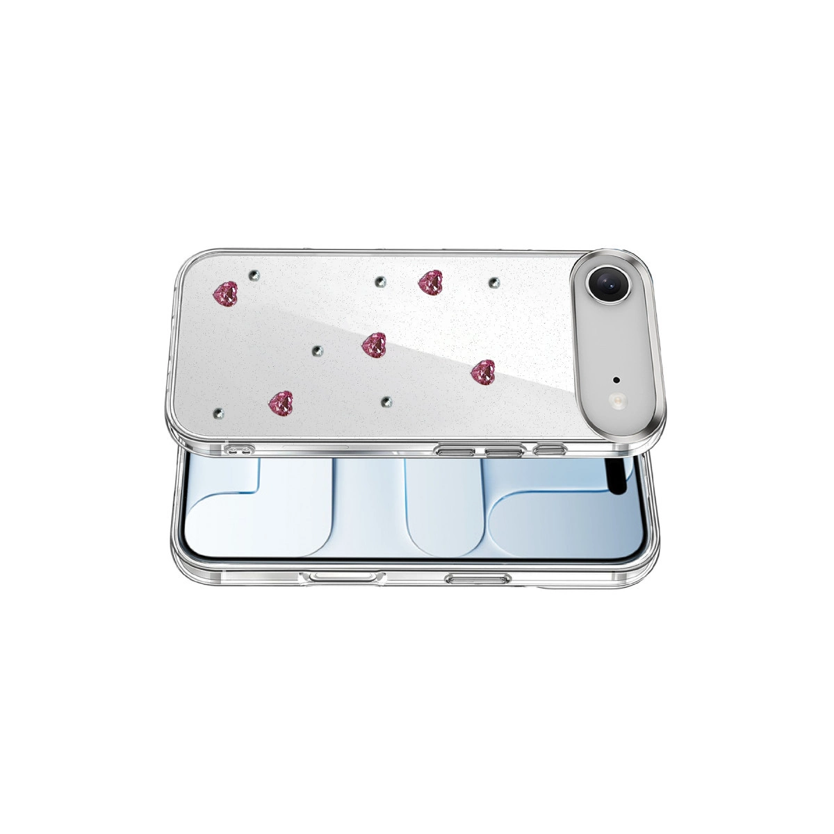 Beyaz arka plan üzerinde sim ve pembe kalpler bulunan şeffaf telefon kılıfı.