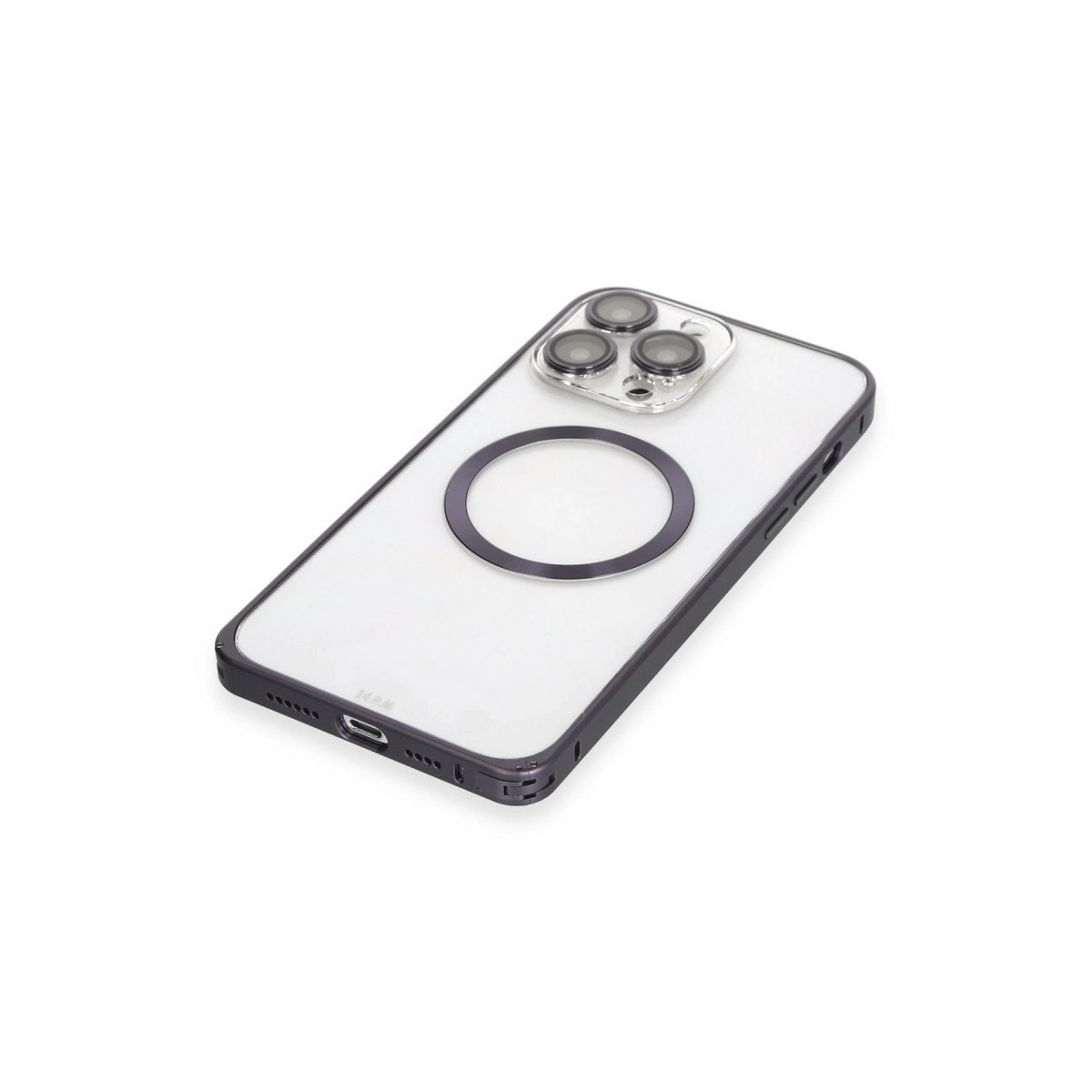 Manyetik halkalı ve kamera lensli şeffaf telefon kılıfı.