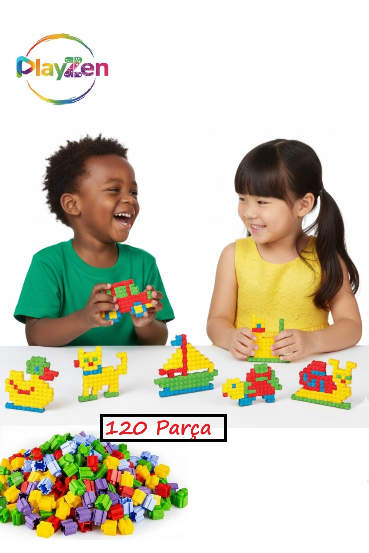 İki çocuk renkli yapı taşlarıyla oynuyor, hayvanlar ve bir tekne yapıyor.