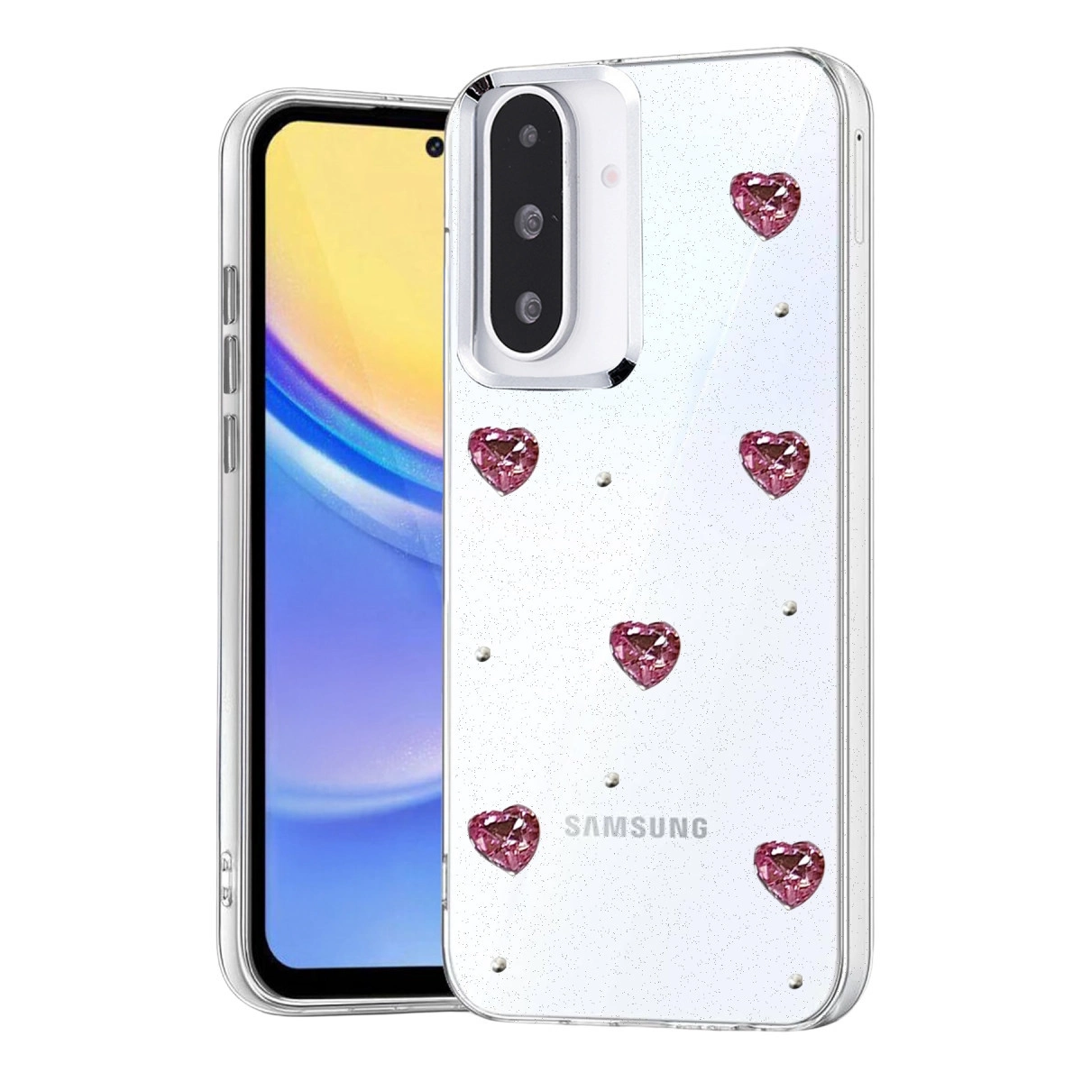 Sim, pembe kalpler ve küçük incilerle kaplı şeffaf telefon kılıfı.