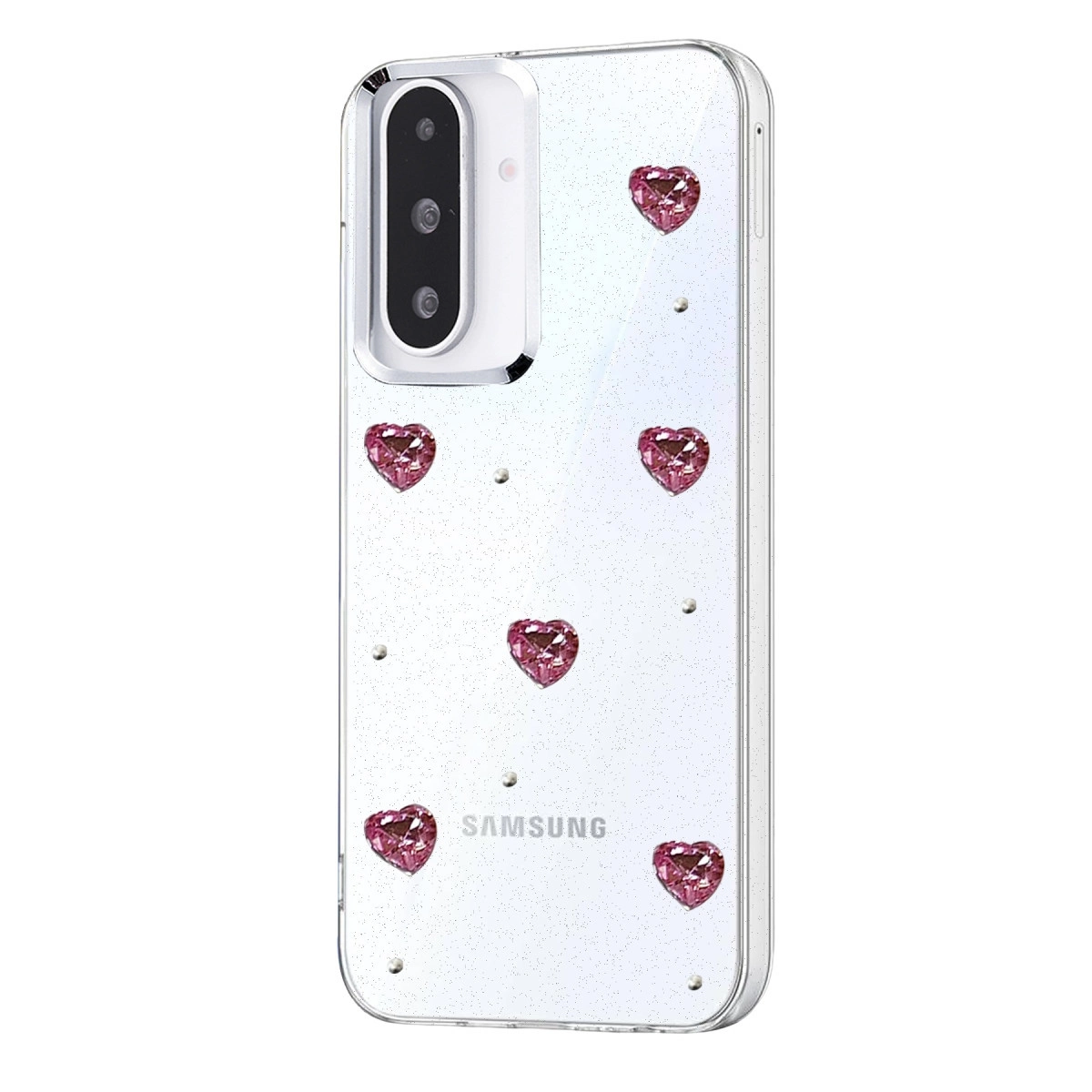 Pembe kalp ve sim detaylı şeffaf telefon kılıfı.
