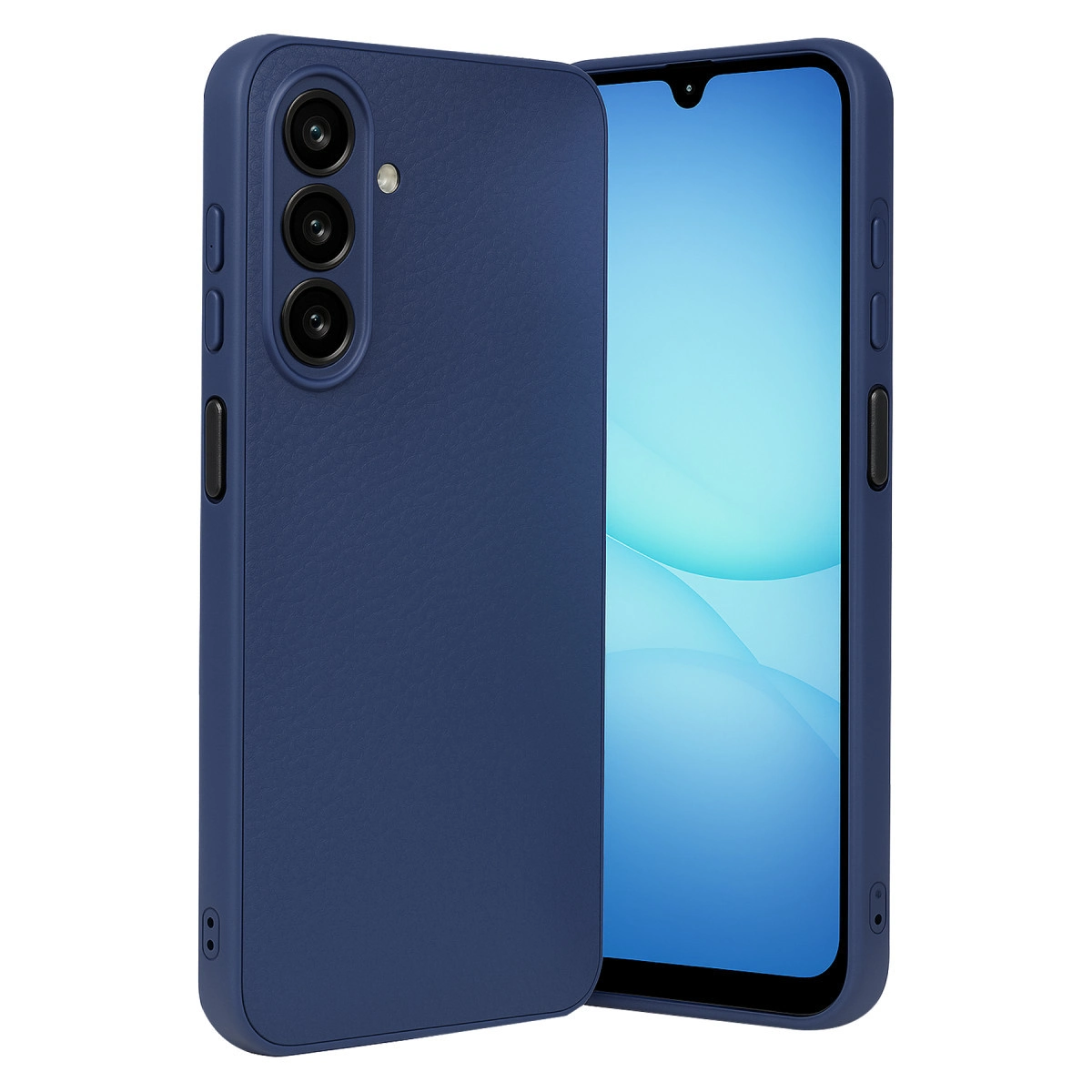 Mavi ekranlı bir akıllı telefonun yanında koyu mavi telefon kılıfı.