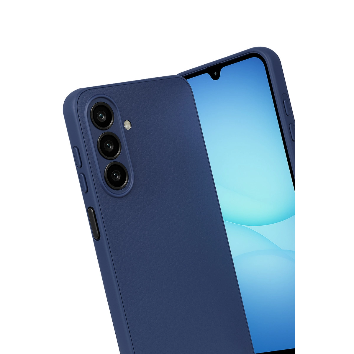 Üç kameralı, mavi ekranlı lacivert telefon.