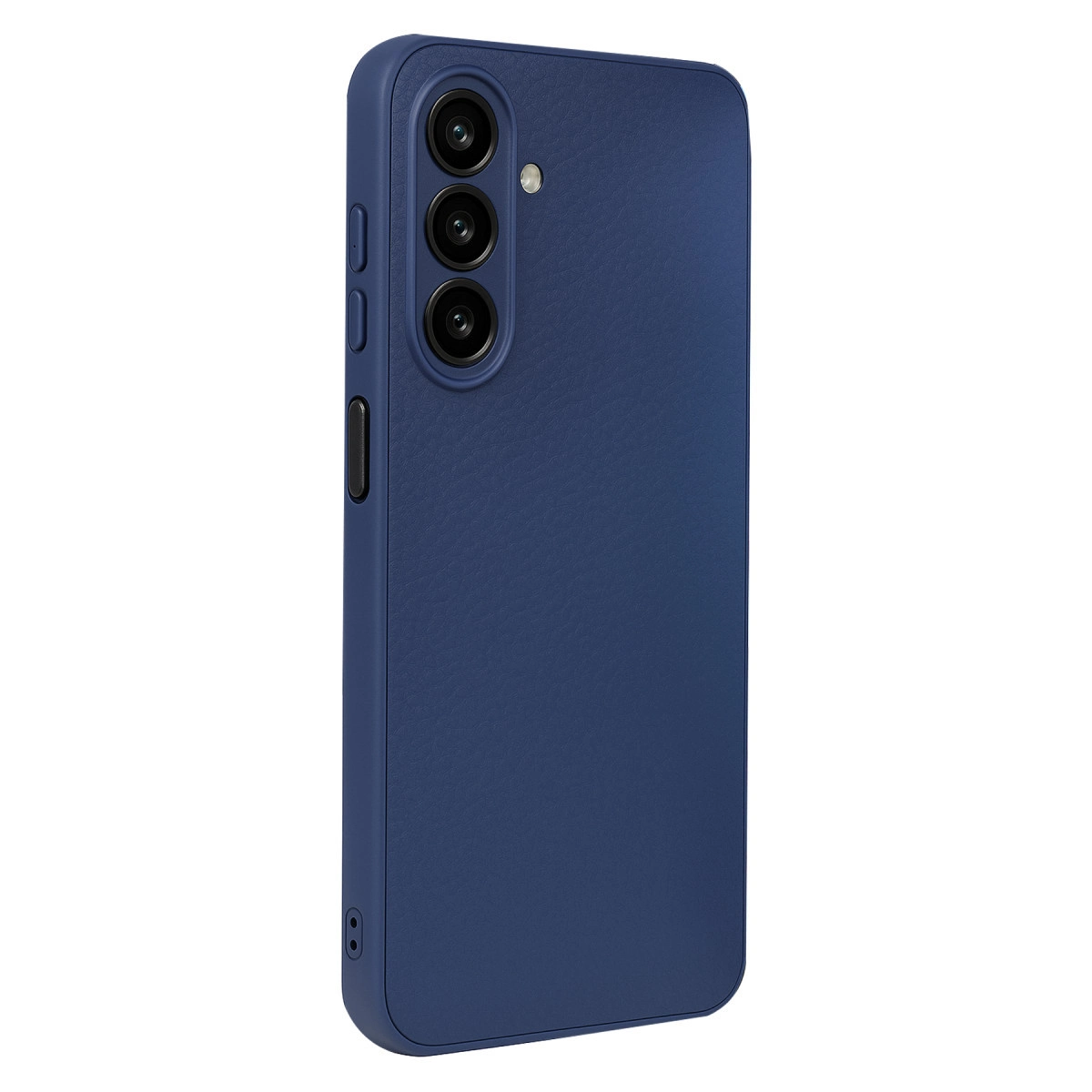 Üçlü arka kameraya sahip lacivert telefon, beyaz arka plan üzerinde.