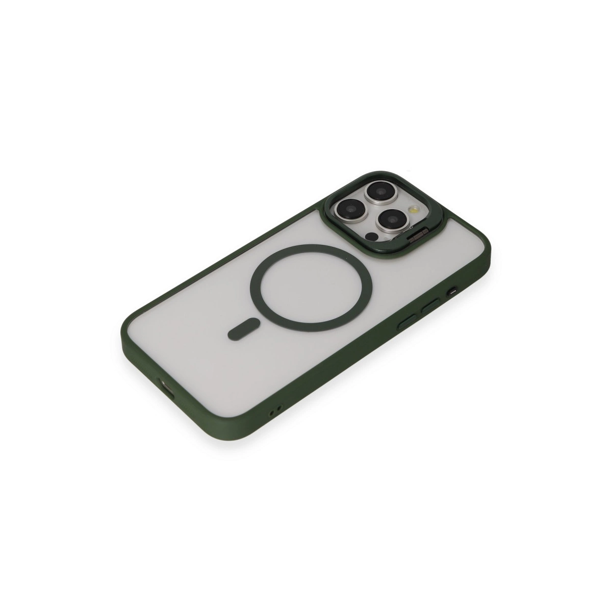 Şeffaf arka ve manyetik halkalı koyu yeşil iPhone kılıfı.