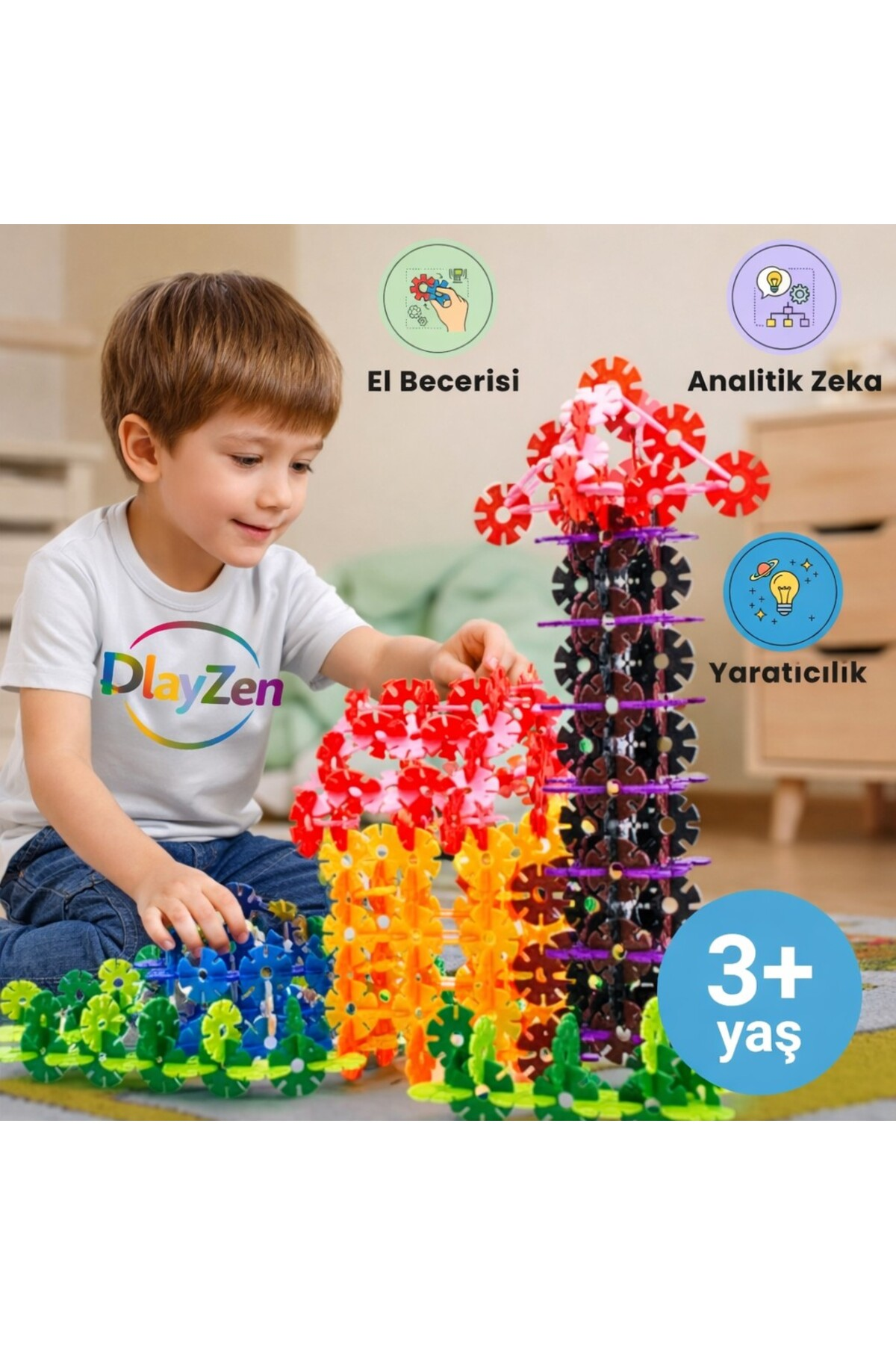 PLAYZEN Yaratıcı Yapı Çarkları Tak Çıkar Eğitici Oyuncak 5 Renk 300 Parça 3+ Yaş