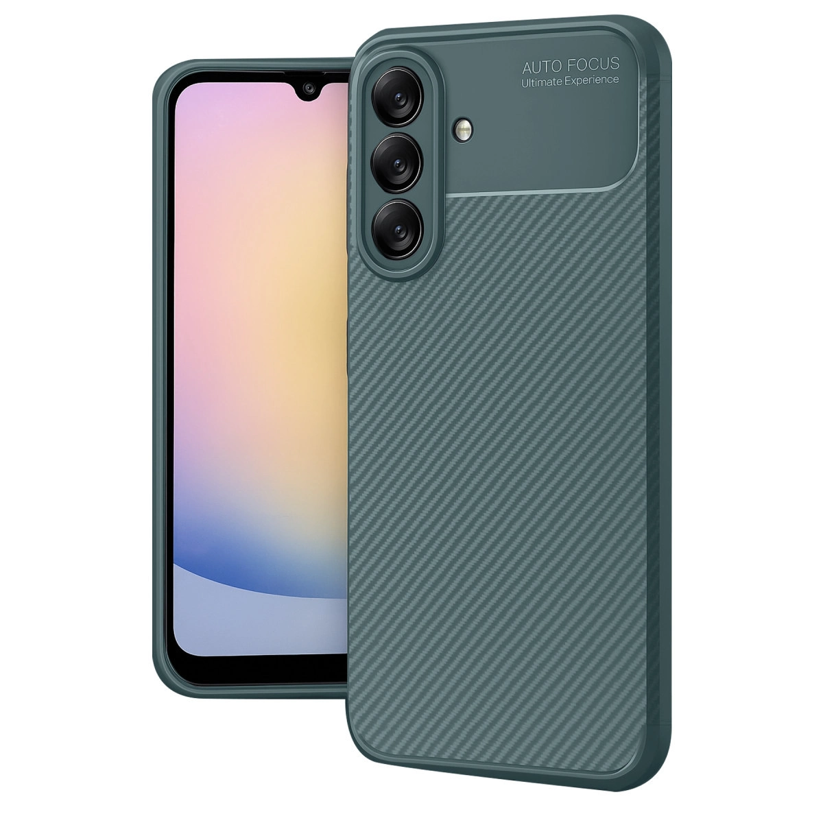 Yeşil karbon desenli kılıflı bir akıllı telefon. Kamera sol üsttedir.