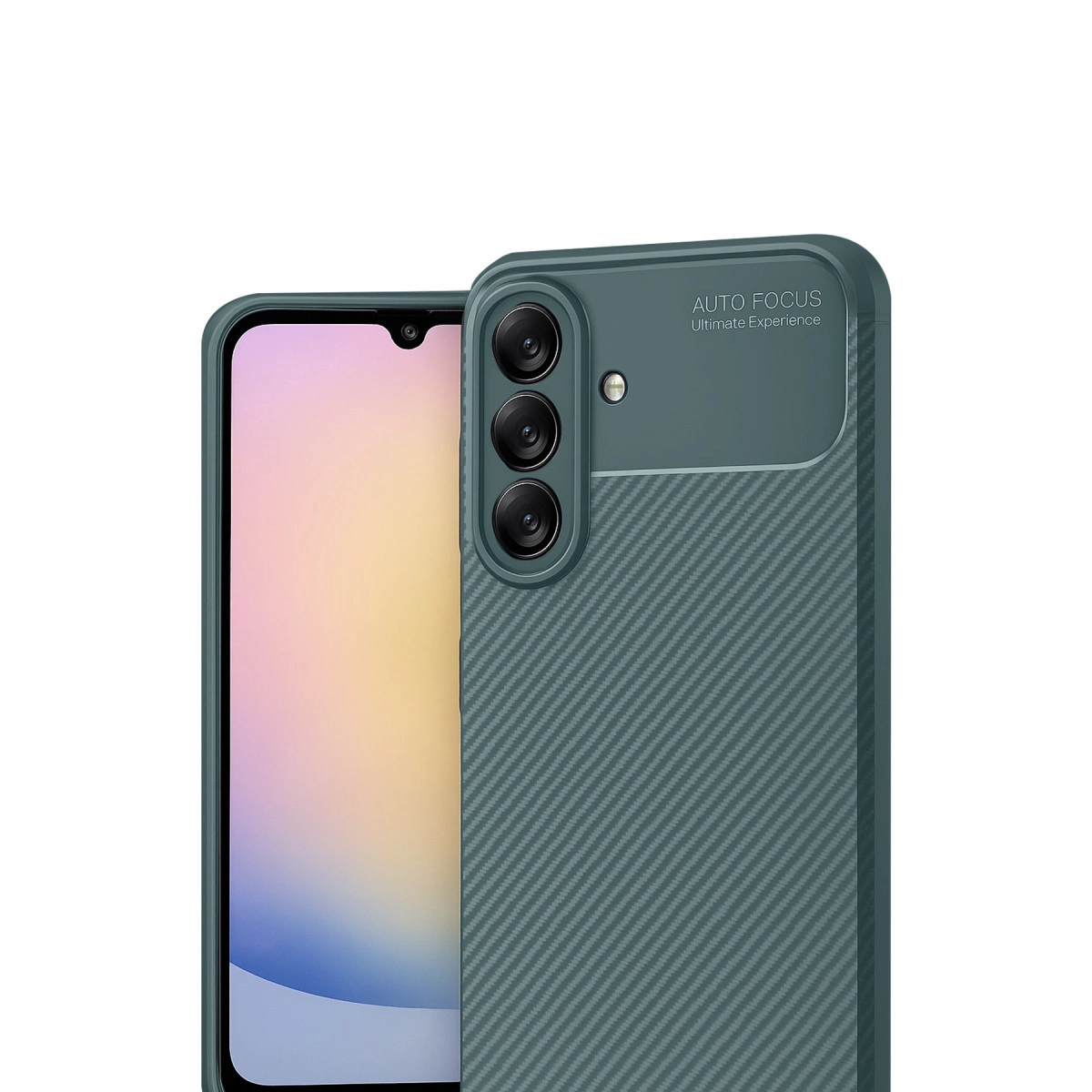 Kamera birimi ve dokulu arka kılıfı olan koyu yeşil telefon.