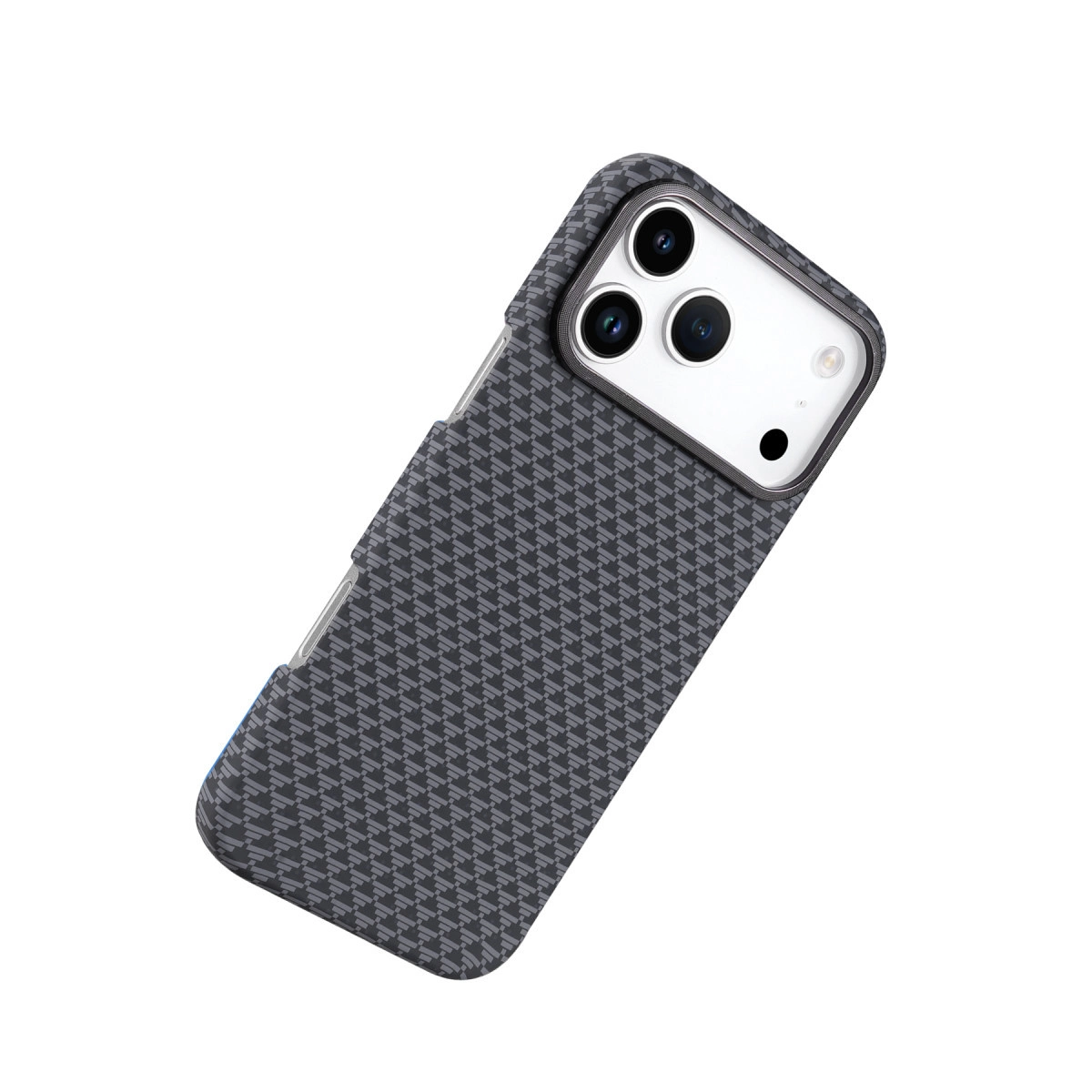 Desenli gri telefon kılıfı ve kamera açıklığı.