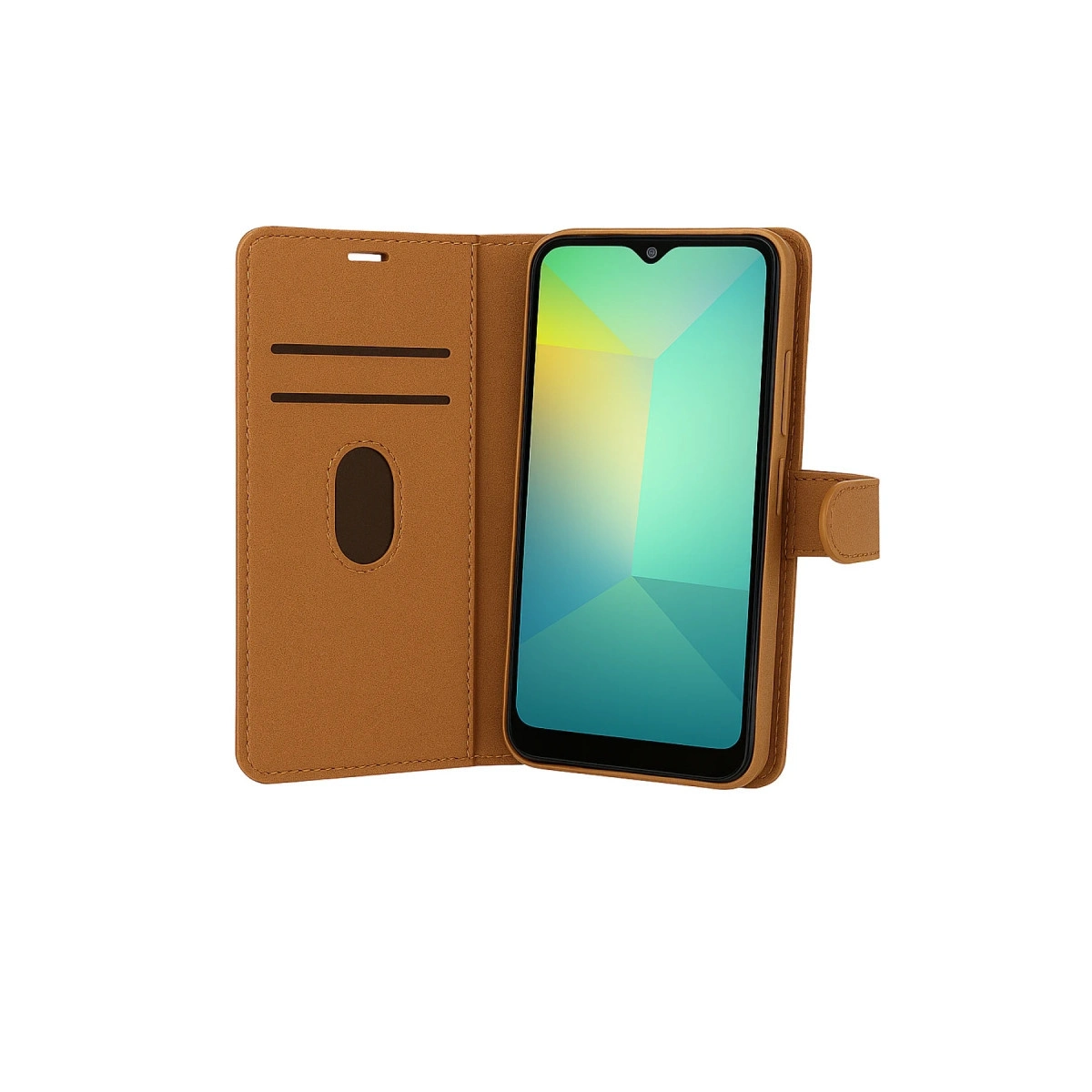 Açık kapaklı, akıllı telefon gösteren kahverengi telefon kılıfı.