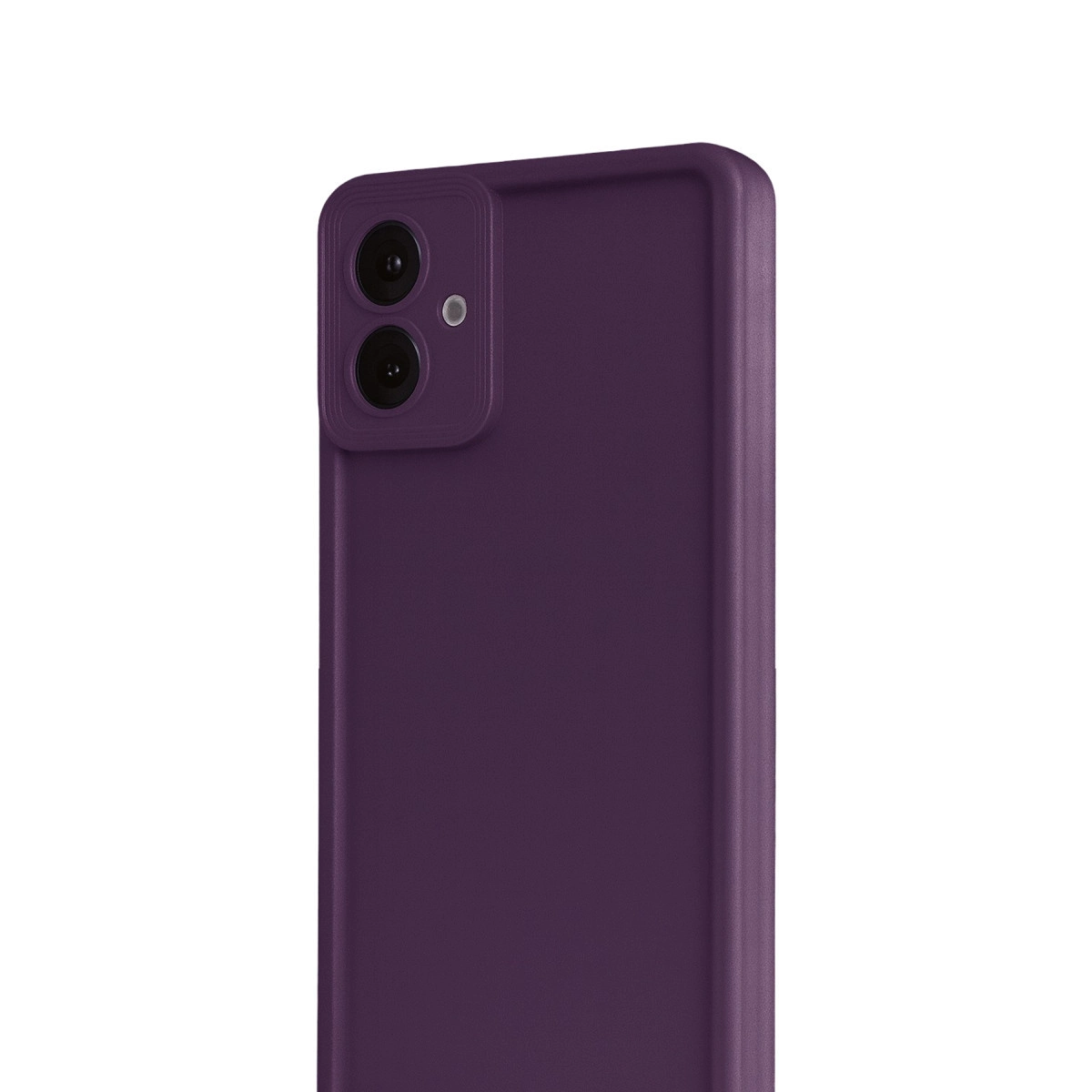 İki kameralı ve flaşlı mor telefon arka yüzü.