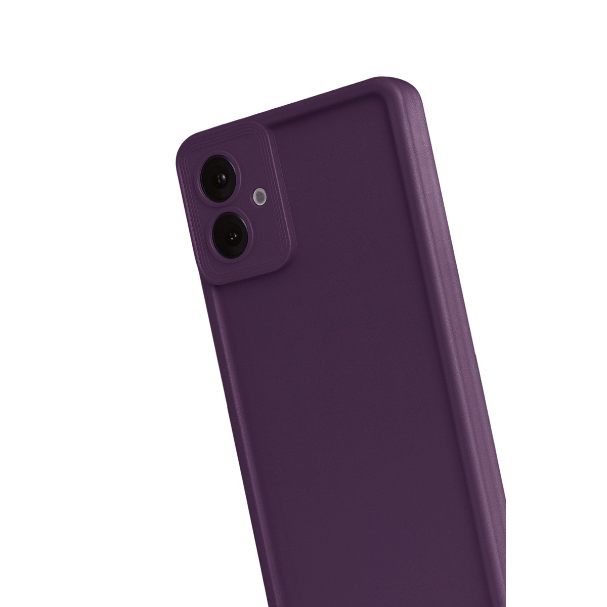 Arkada iki kamerası olan mor telefon kılıfı, detaylı çekim.