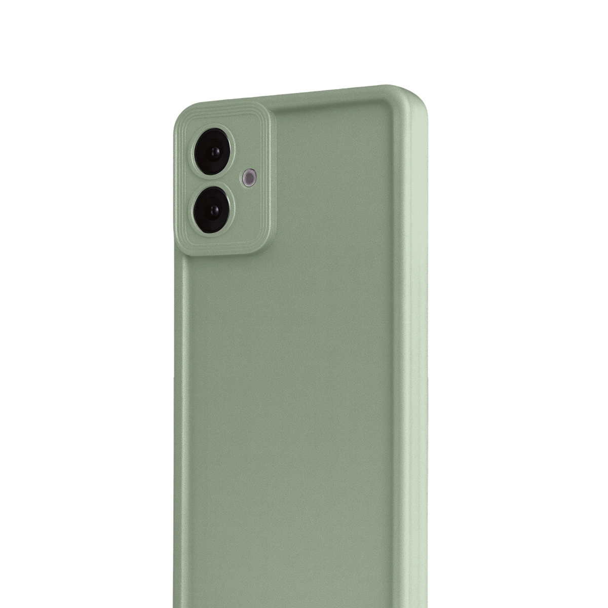 Çift kameralı ve flaşlı açık yeşil bir akıllı telefonun arkası.