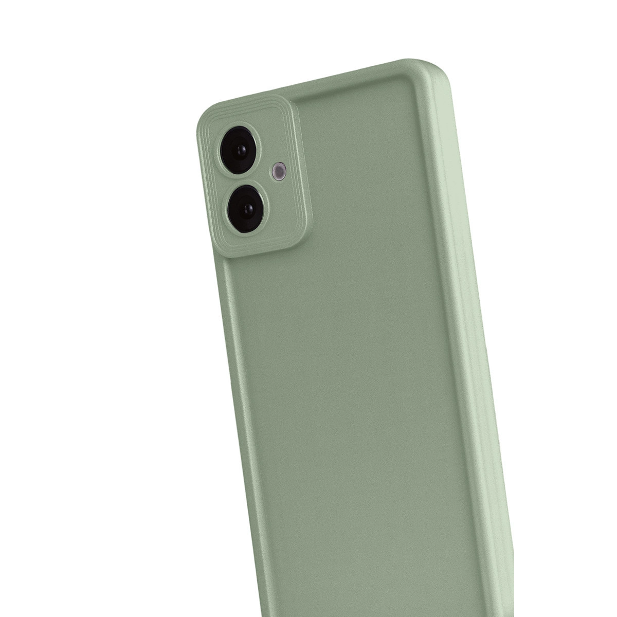 Açık yeşil akıllı telefonun arkası, iki kamera ve flaşlı.