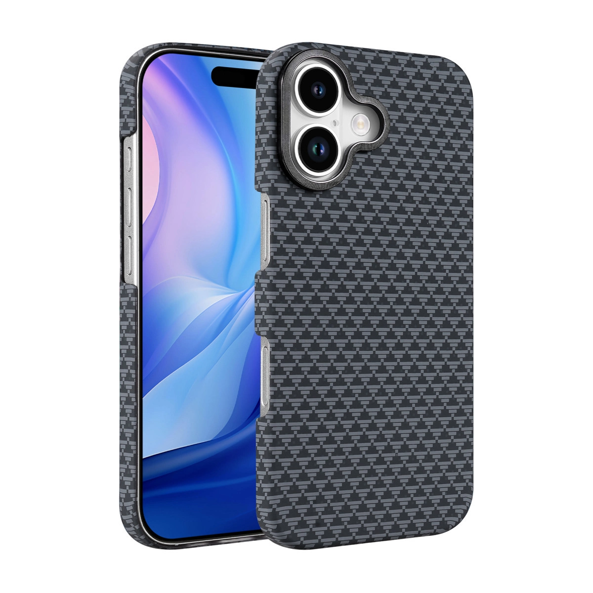 Mavi ekranlı bir akıllı telefonda, gri karbon desenli telefon kılıfı.