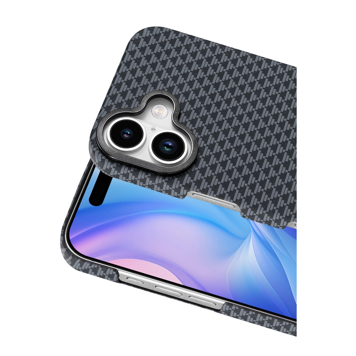 Arkada iki kamera ve flaş gösteren gri, karbon desenli telefon kılıfı.