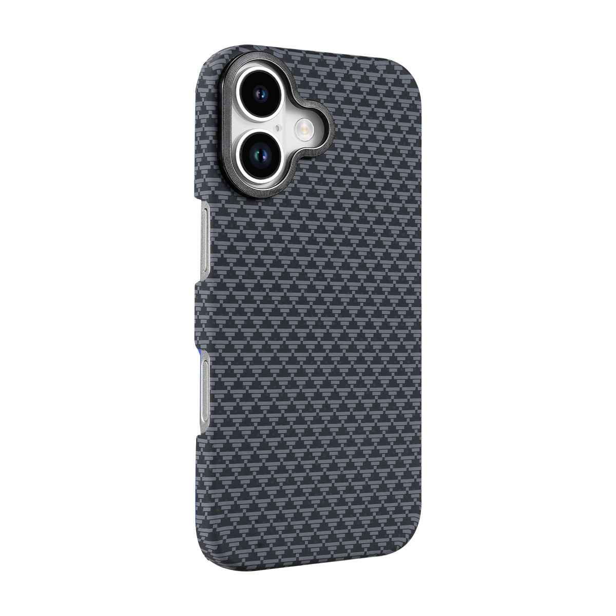 Karbon fiber desenli, iki kamera lensli koyu gri telefon kılıfı.