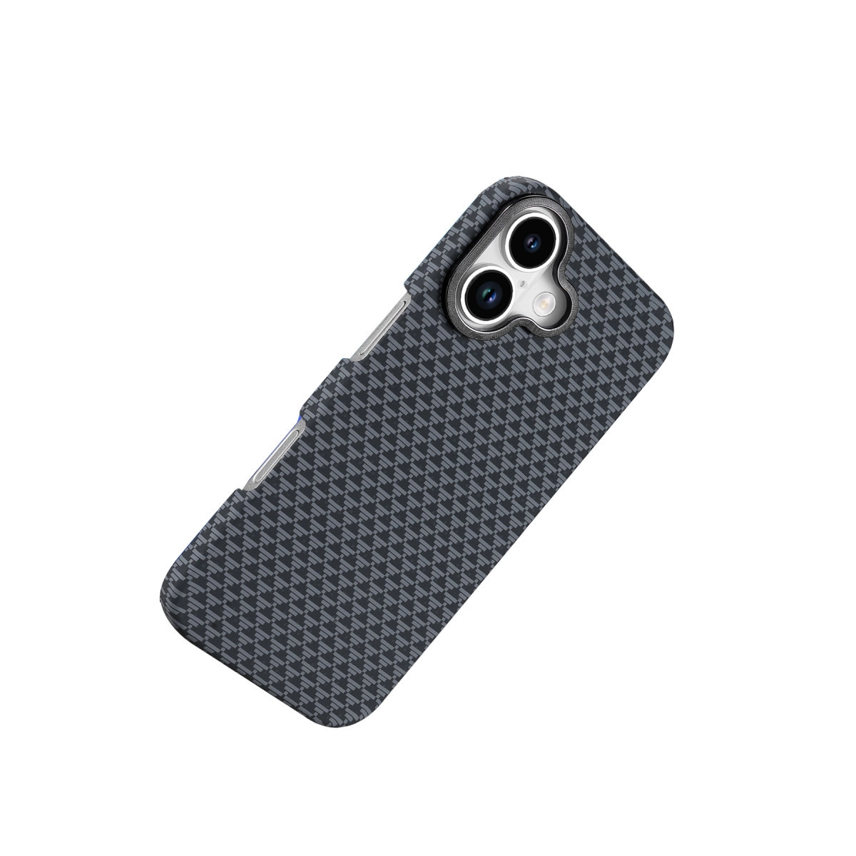 Geometrik desenli, kamera kesiğini gösteren koyu gri telefon kılıfı.