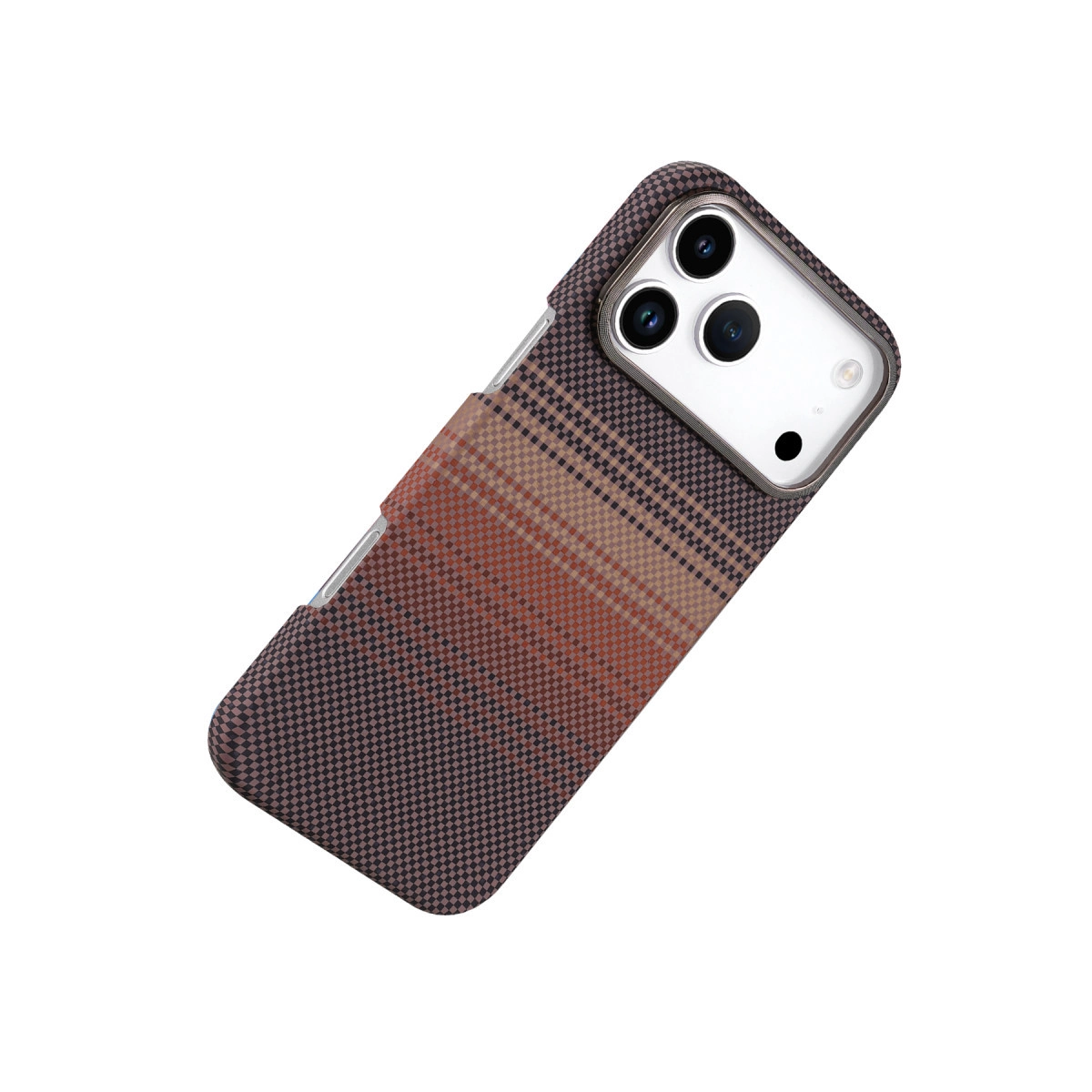 Kamera kesimli kahverengi ekose telefon kılıfı, beyaz zeminde.