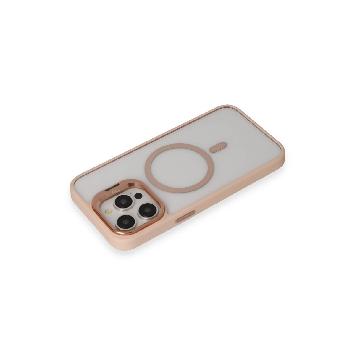 Şeffaf arkalı ve üç kameralı, gül altın rengi iPhone kılıfı.