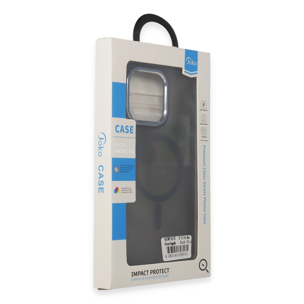 MagSafe özellikli koyu mavi iPhone 15 Pro Max kılıfı ambalajı.