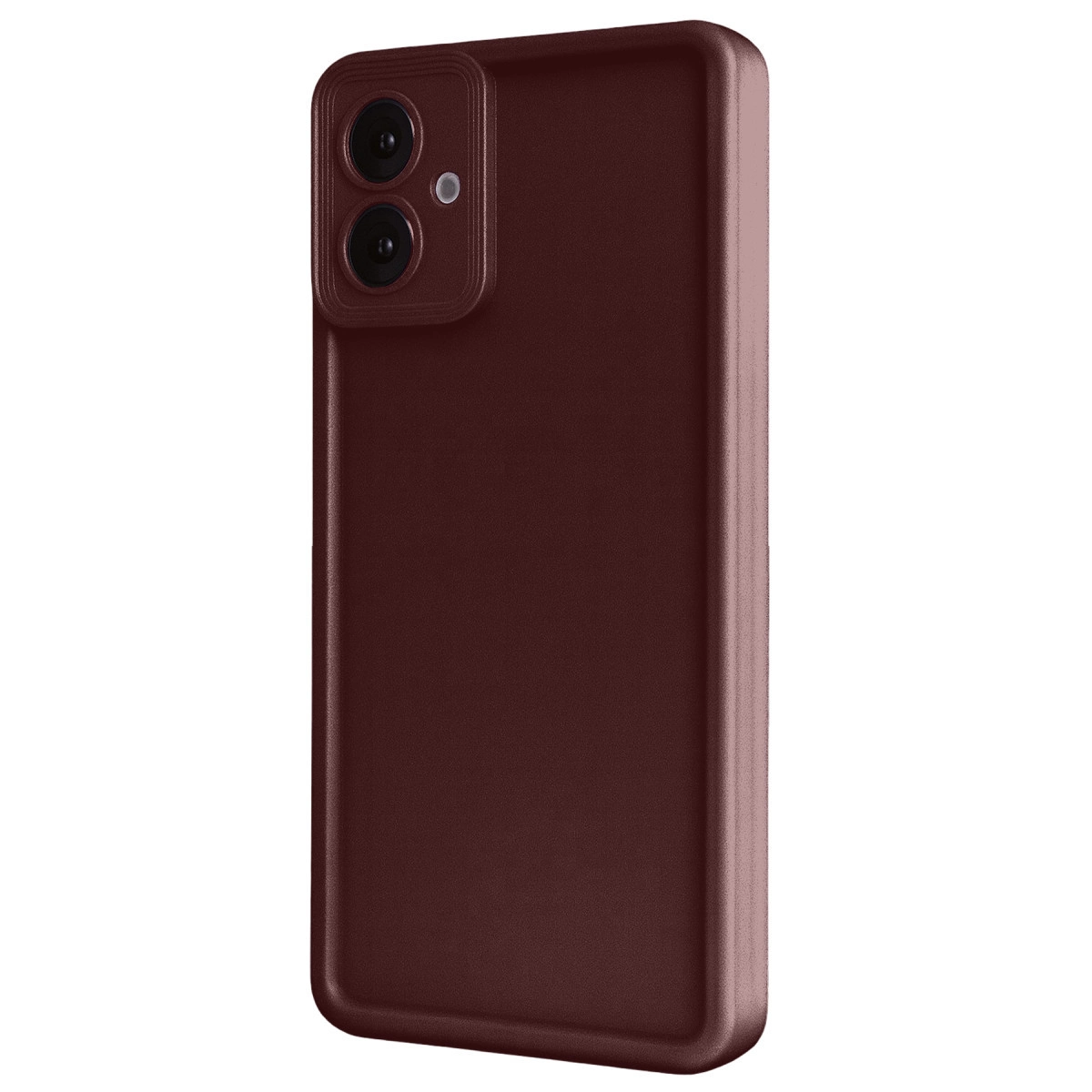 Arkada iki kamerası olan koyu kırmızı telefon, beyaz zeminde.