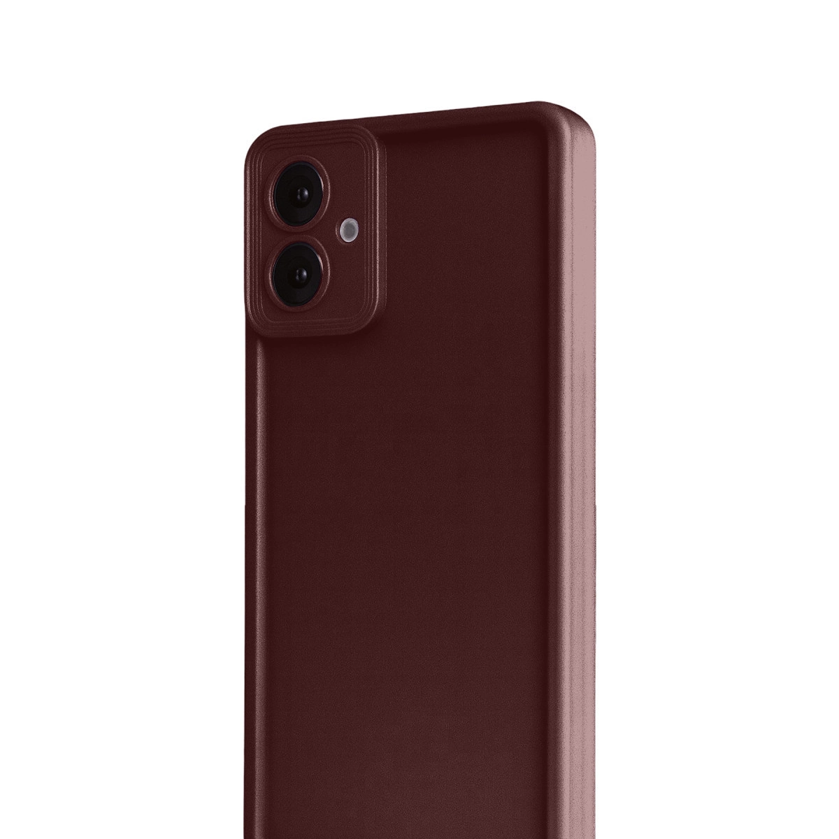 İki kamera lensli ve flaşlı koyu kırmızı akıllı telefonun arkası.