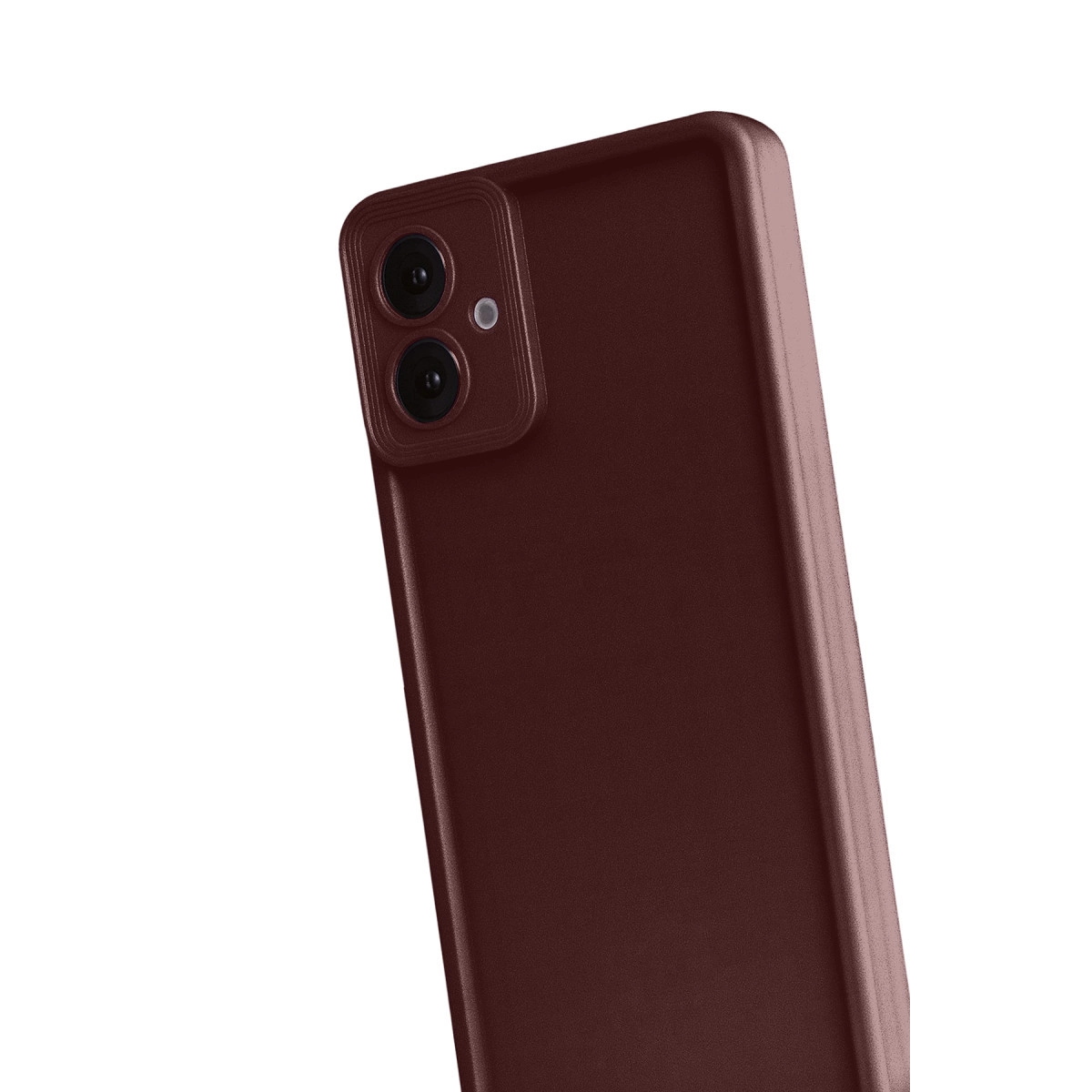 İki kamera lensi ve flaşlı koyu kırmızı akıllı telefonun arkası.