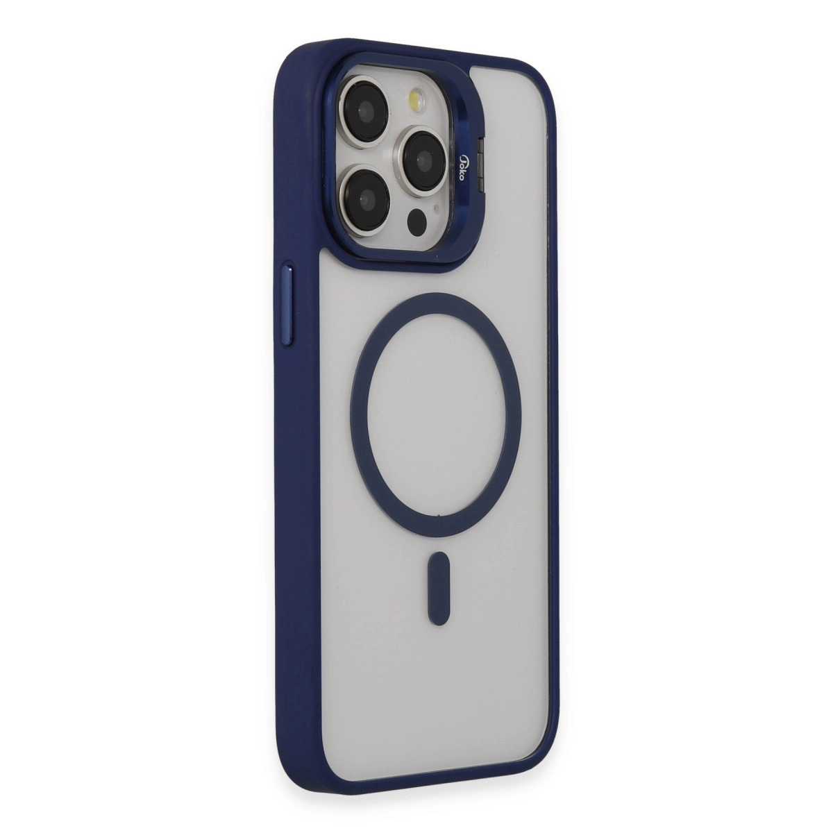 Mıknatıslı halkalı, şeffaf arkalı mavi iPhone kılıfı.