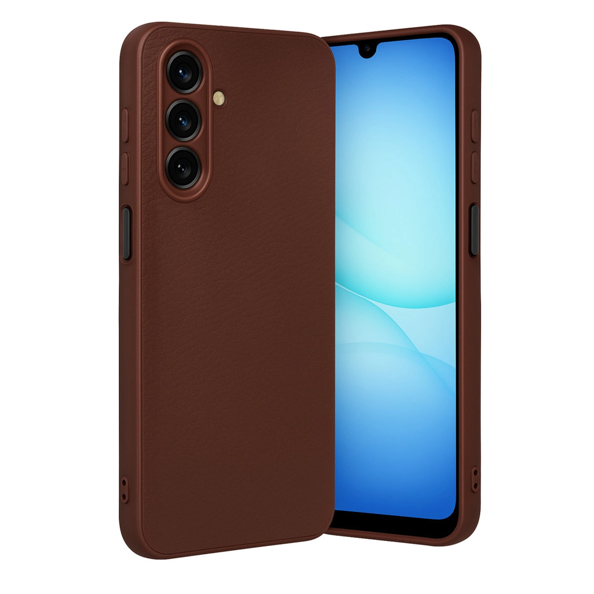 Üç kameralı kahverengi telefon kılıfı ve mavi ekranlı bir akıllı telefon.