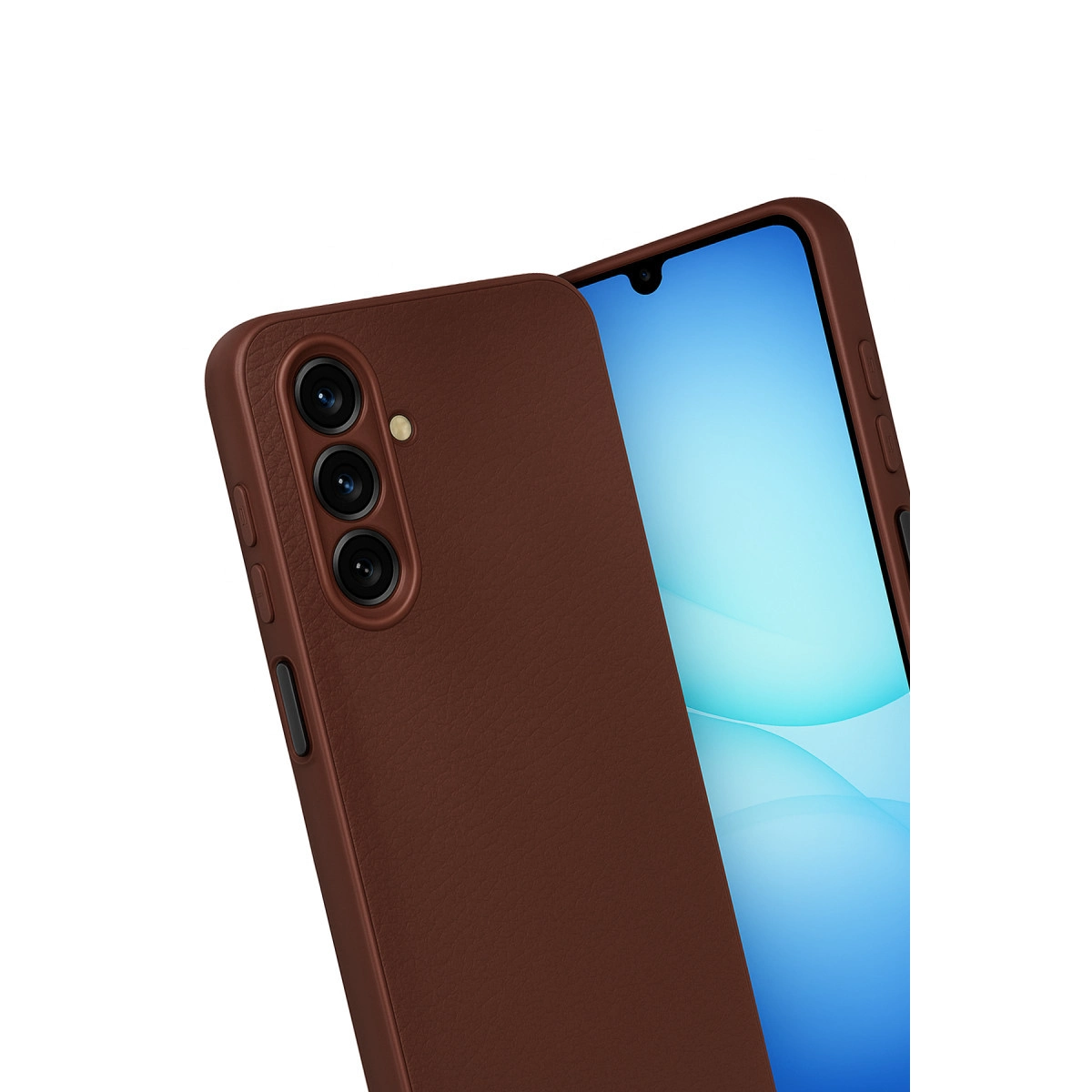 Üç kameralı, mavi ekranlı kahverengi telefon, beyaz zeminde.